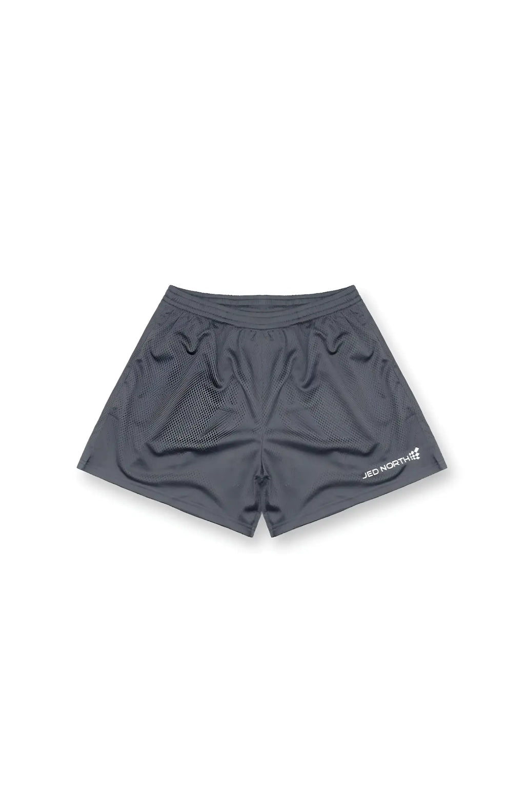 Dark gray storm gray 5 inch double layer mesh basketball shorts with a subtle jed north logo on the lower right leg