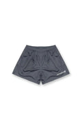Dark gray storm gray 5 inch double layer mesh basketball shorts with a subtle jed north logo on the lower right leg