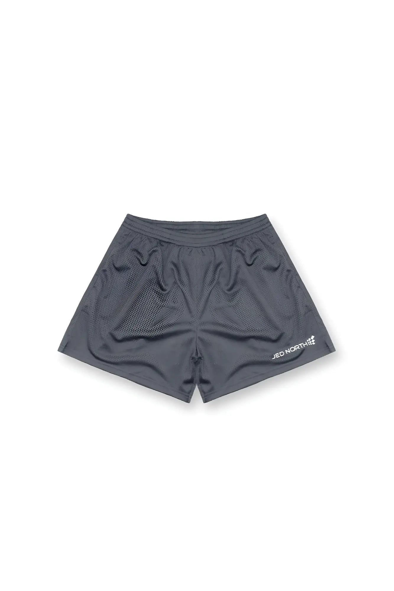 Dark gray storm gray 5 inch double layer mesh basketball shorts with a subtle jed north logo on the lower right leg