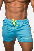 Jed north agile bodybuilding 4 inch aqua blue athletic shorts with neon yellow drawstring and zipper side pockets