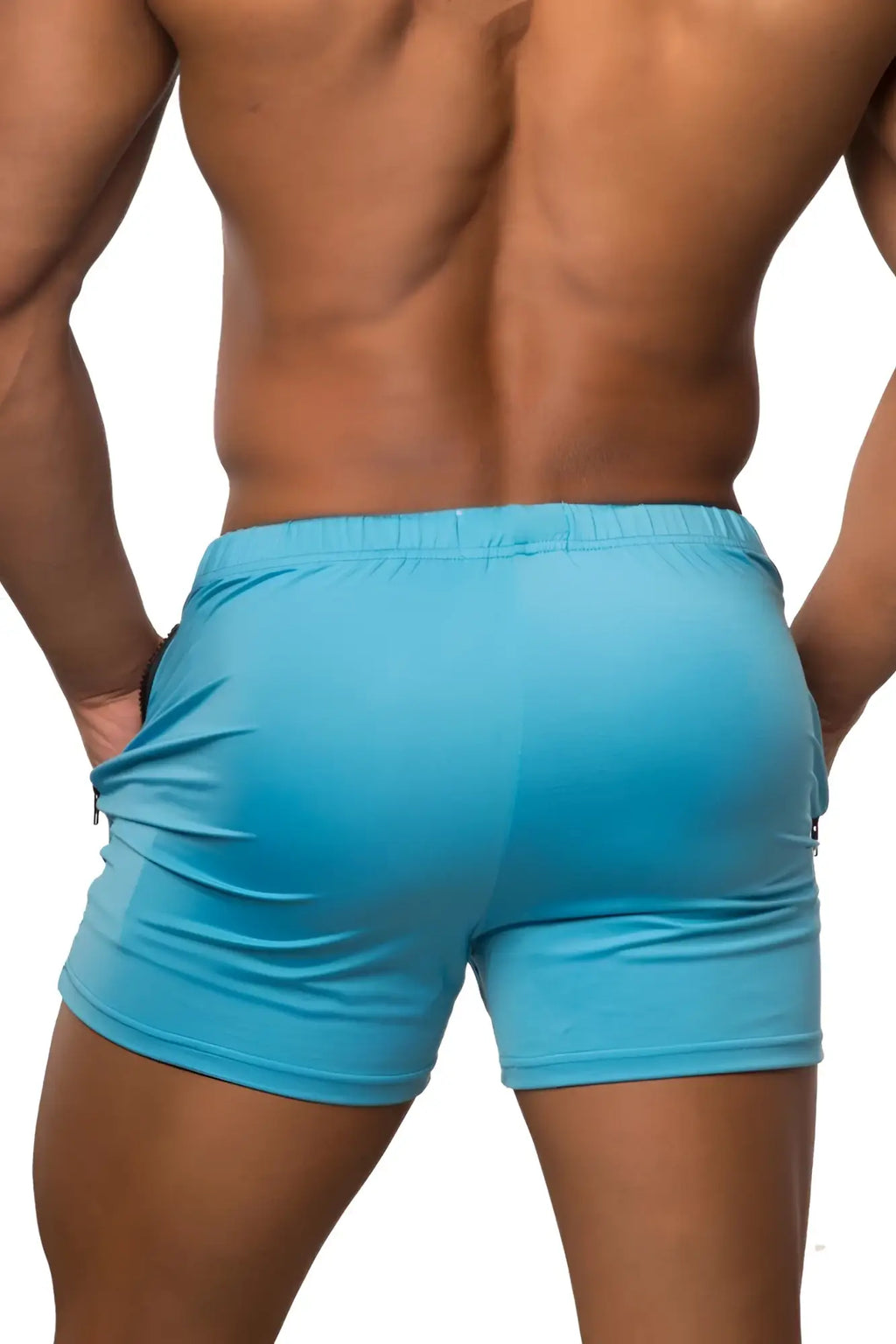 Jed north agile bodybuilding 4 inch aqua blue athletic shorts with snug fit elastic waistband and zipper pockets