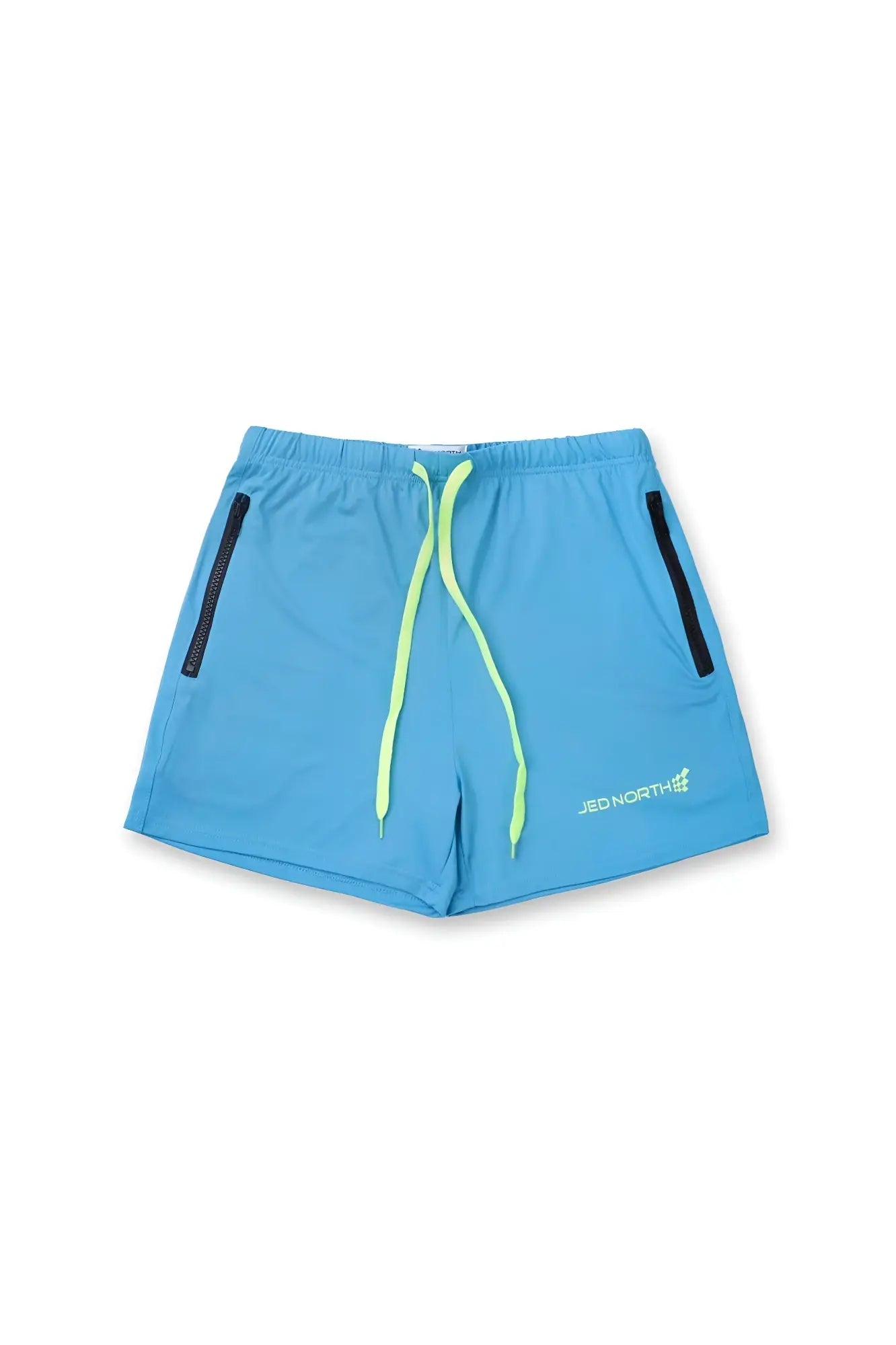 Jed North Agile bodybuilding 4 inch aqua blue athletic shorts with neon green drawstrings and black zipper pockets