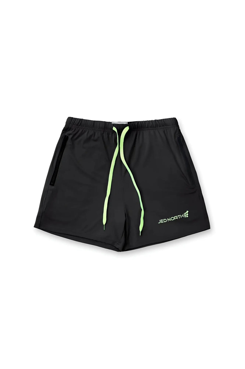 Jed North Agile Bodybuilding 4 inch black athletic shorts with neon green drawstrings and zipper pockets