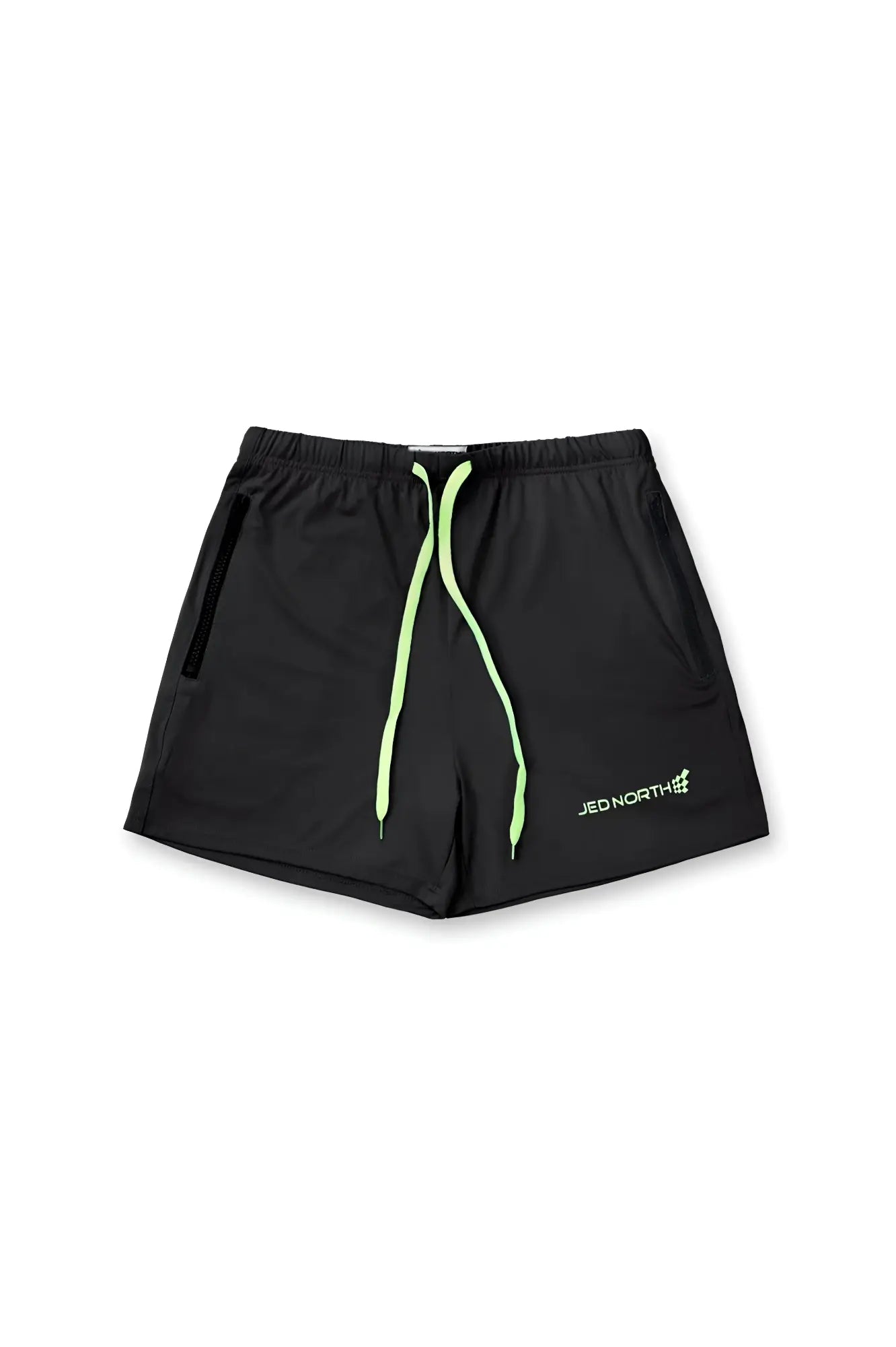 Jed North Agile Bodybuilding 4 inch black athletic shorts with neon green drawstrings and zipper pockets