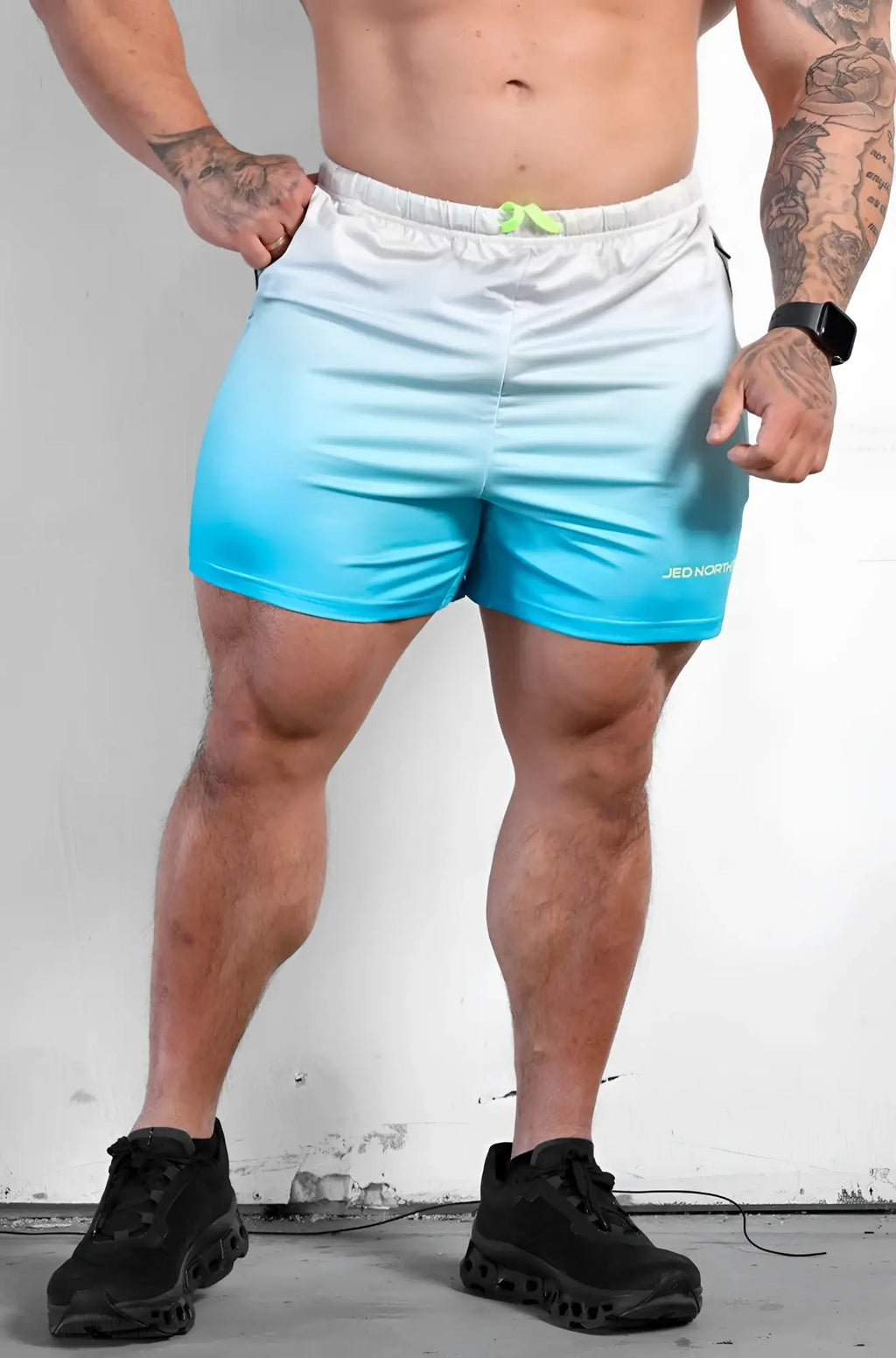 Jed North Agile bodybuilding 4 inch blue ombre shorts with zipper pockets and neon green drawstring