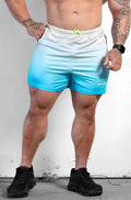Jed North Agile bodybuilding 4 inch blue ombre shorts with zipper pockets and neon green drawstring