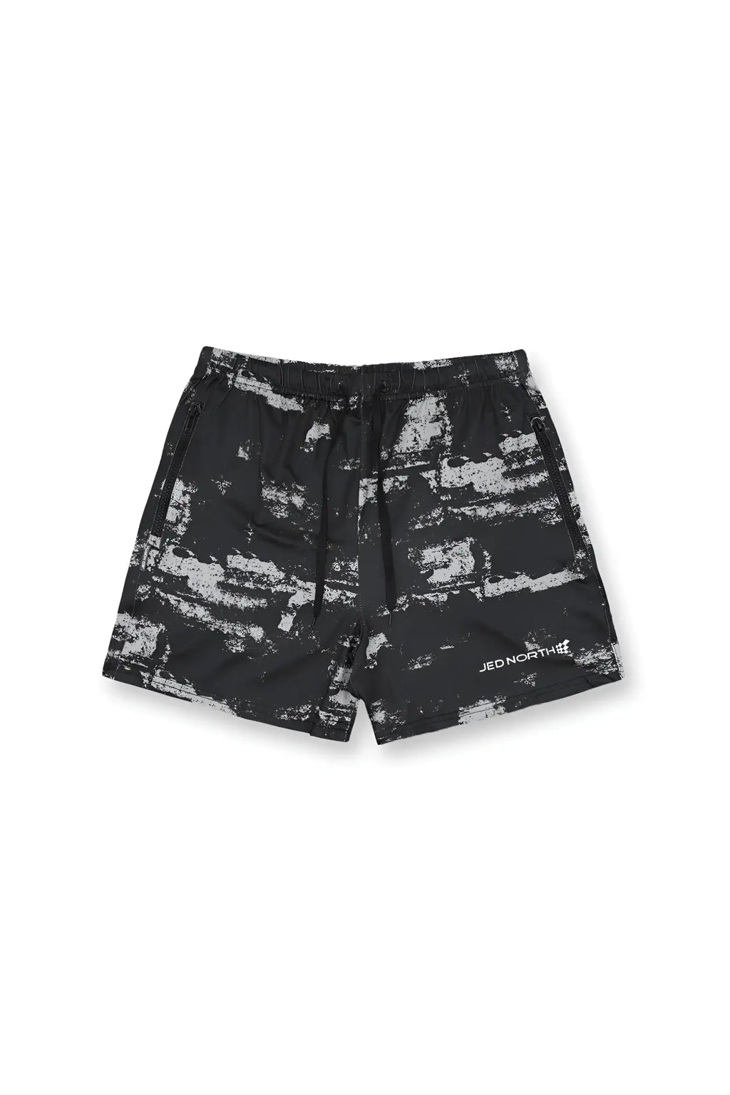 Agile bodybuilding 4 inch shorts in brushed black with black and white abstract brushstroke pattern and zipper pockets