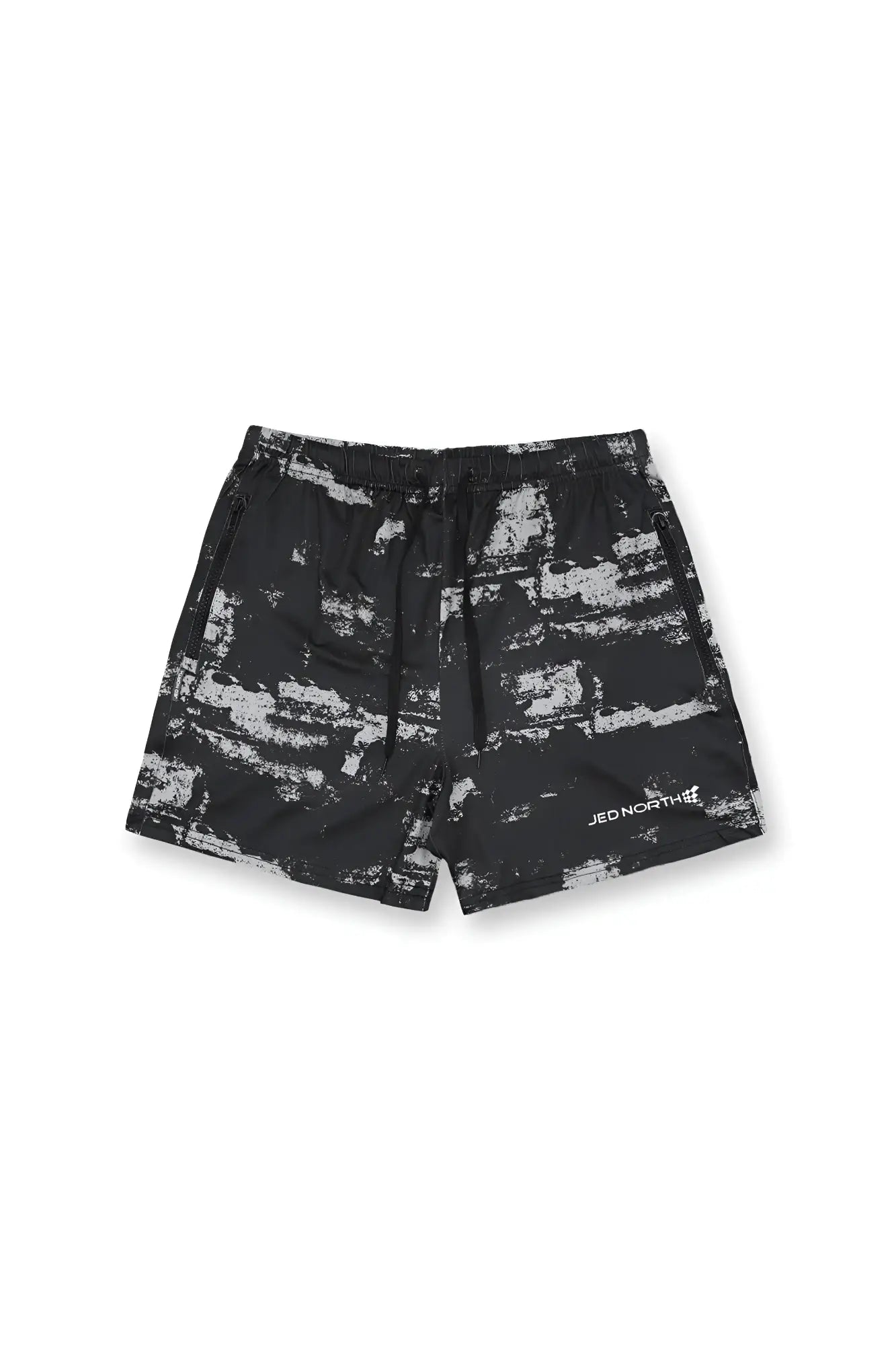 Agile bodybuilding 4 inch shorts in brushed black with black and white abstract brushstroke pattern and zipper pockets