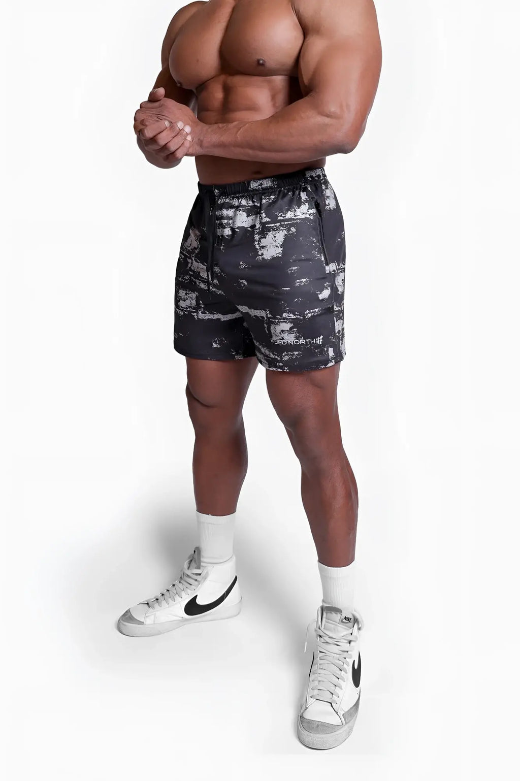 Agile bodybuilding 4 inch shorts in brushed black with black and white abstract pattern and drawstring waistband