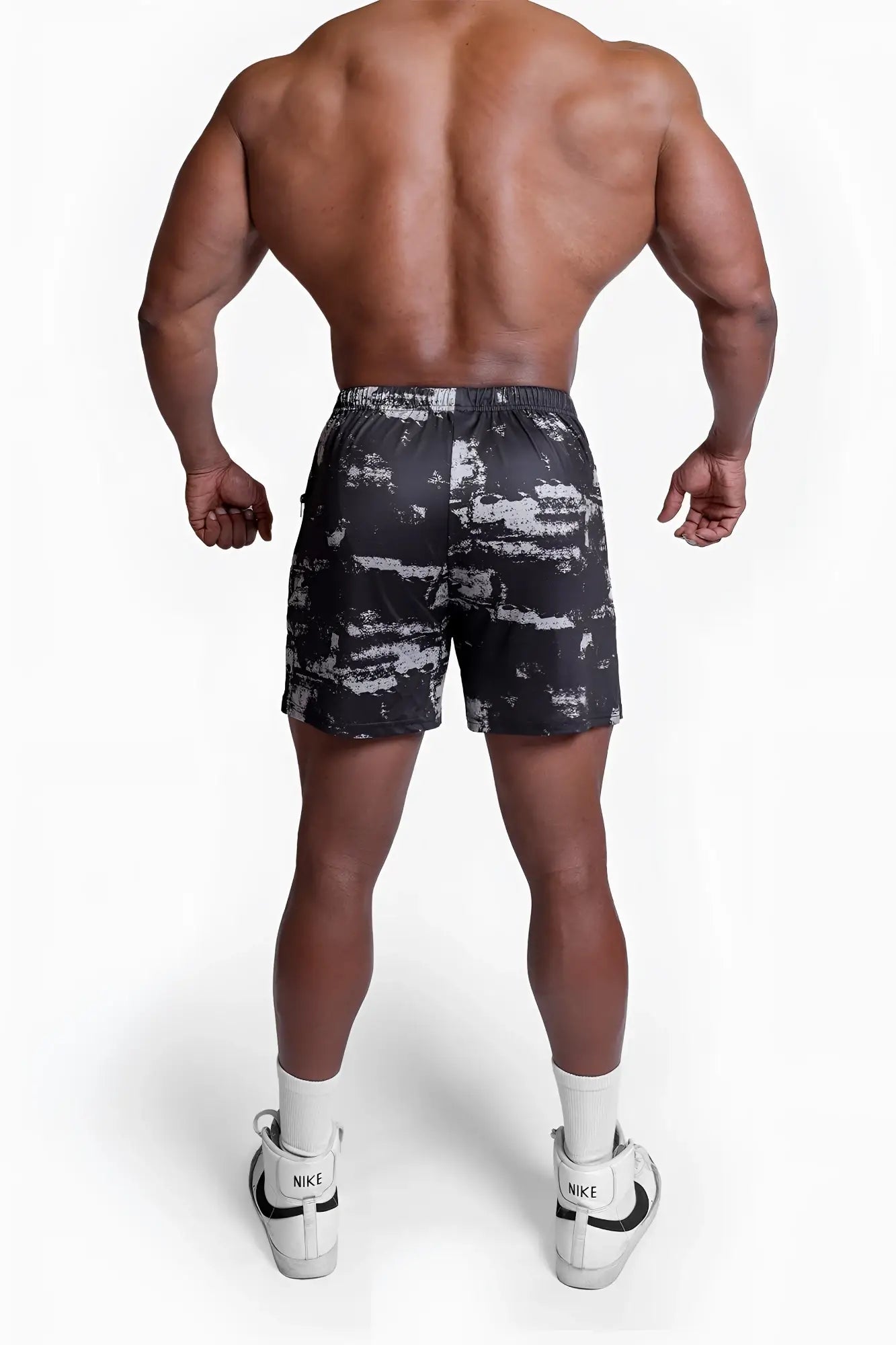 Agile bodybuilding 4 inch shorts in brushed black with black and white abstract pattern and drawstring waistband