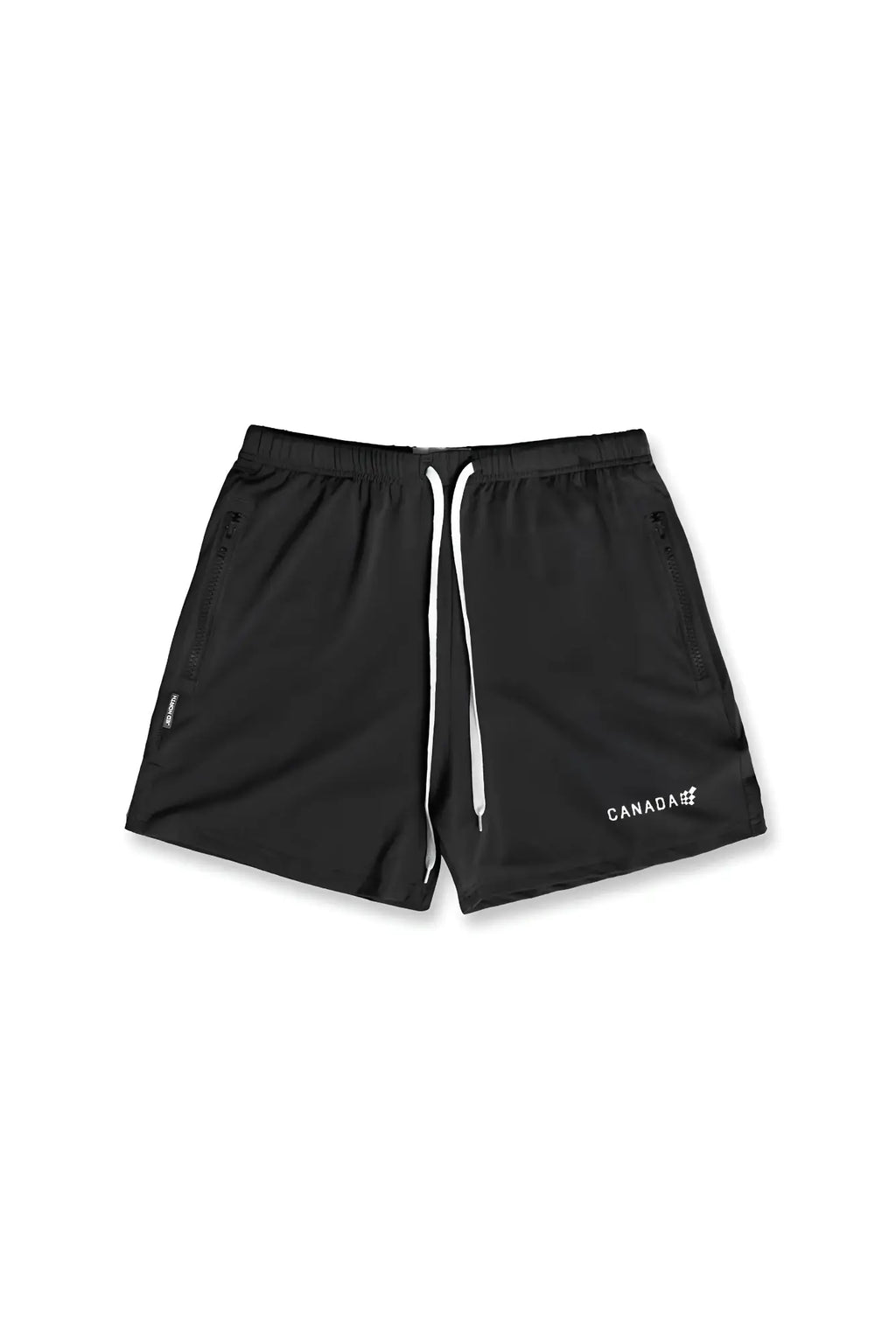 Black Agile bodybuilding 4 inch shorts with white drawstrings zipper pockets and subtle Canada logo on lower right leg