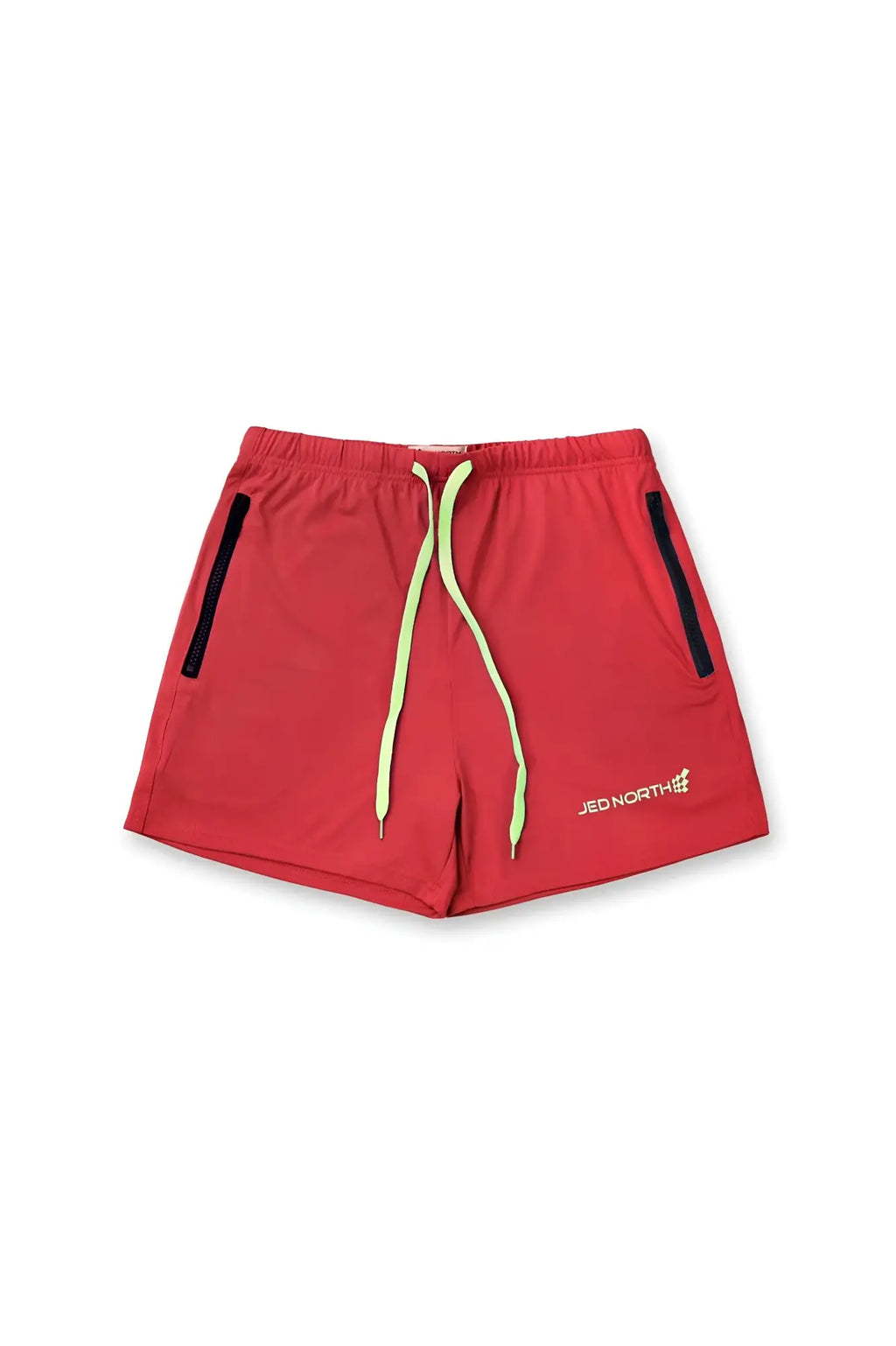 Jed North Agile Bodybuilding 4 inch crimson red shorts with neon green drawstrings and black zipper side pockets