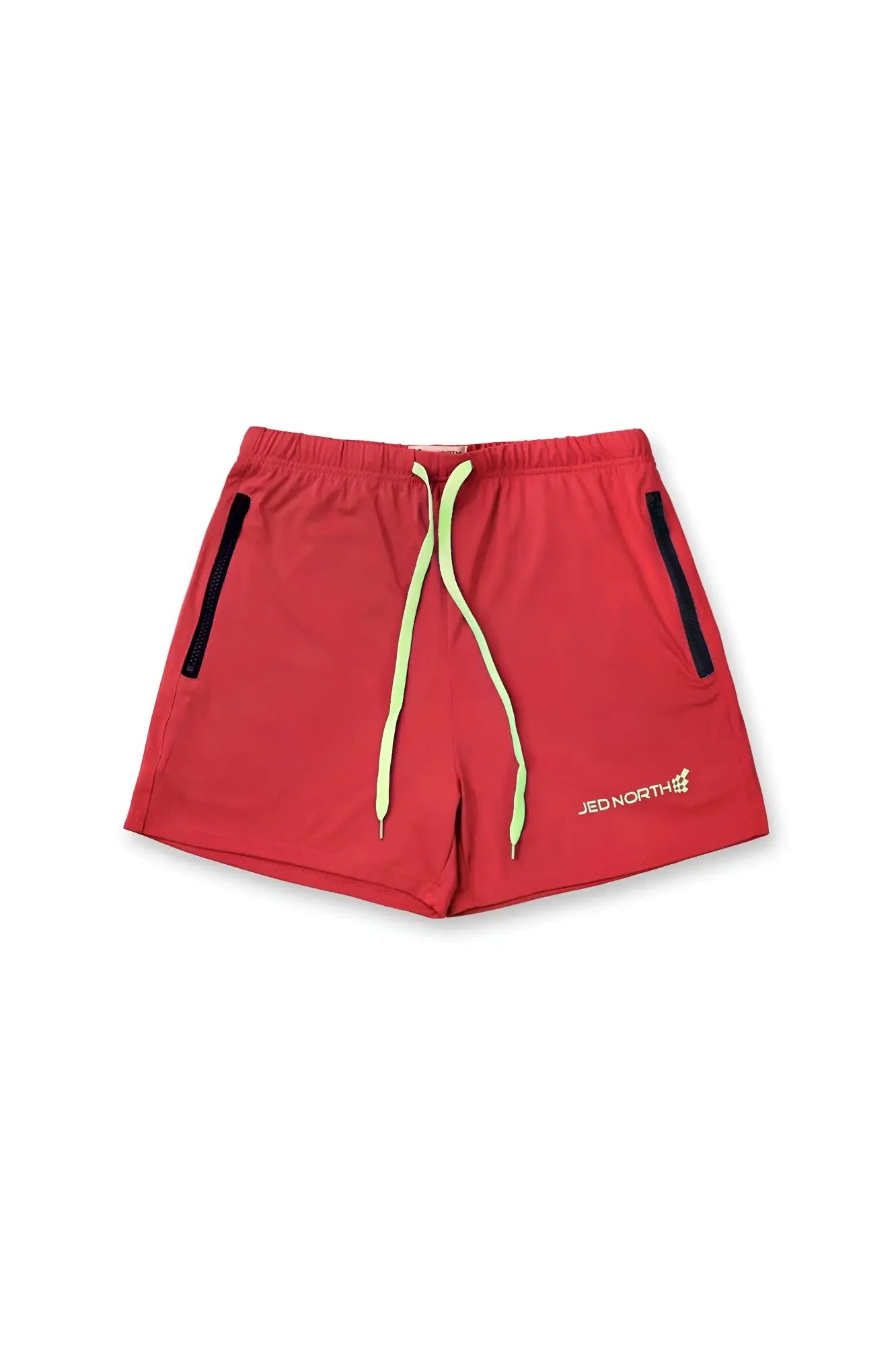 Jed North Agile Bodybuilding 4 inch crimson red shorts with neon green drawstrings and black zipper side pockets