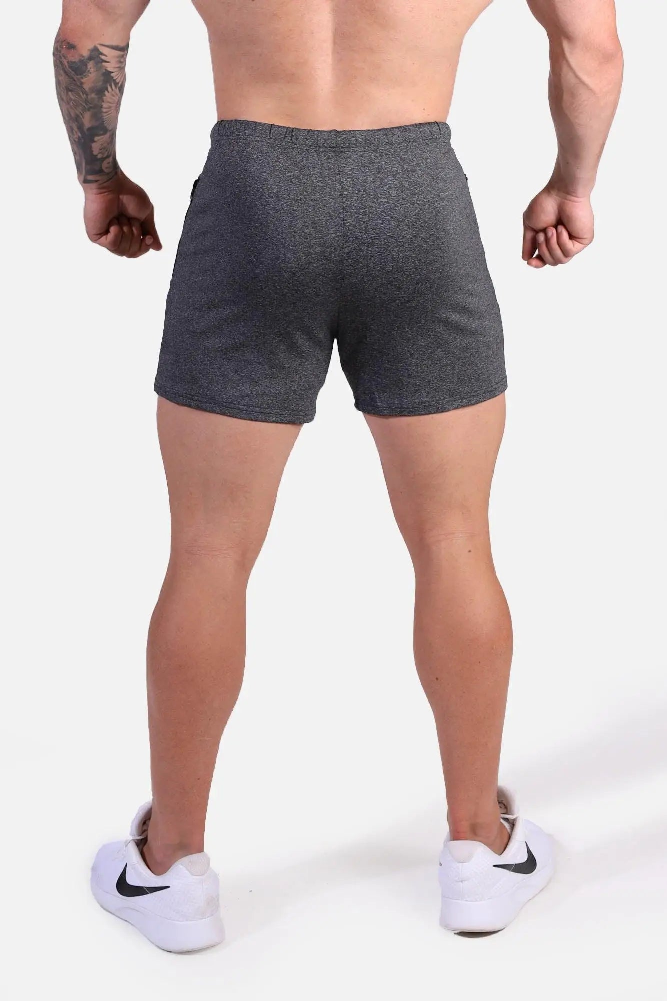 Gray heathered jed north agile bodybuilding 4 inch athletic shorts with zipper pockets and drawstring waistband