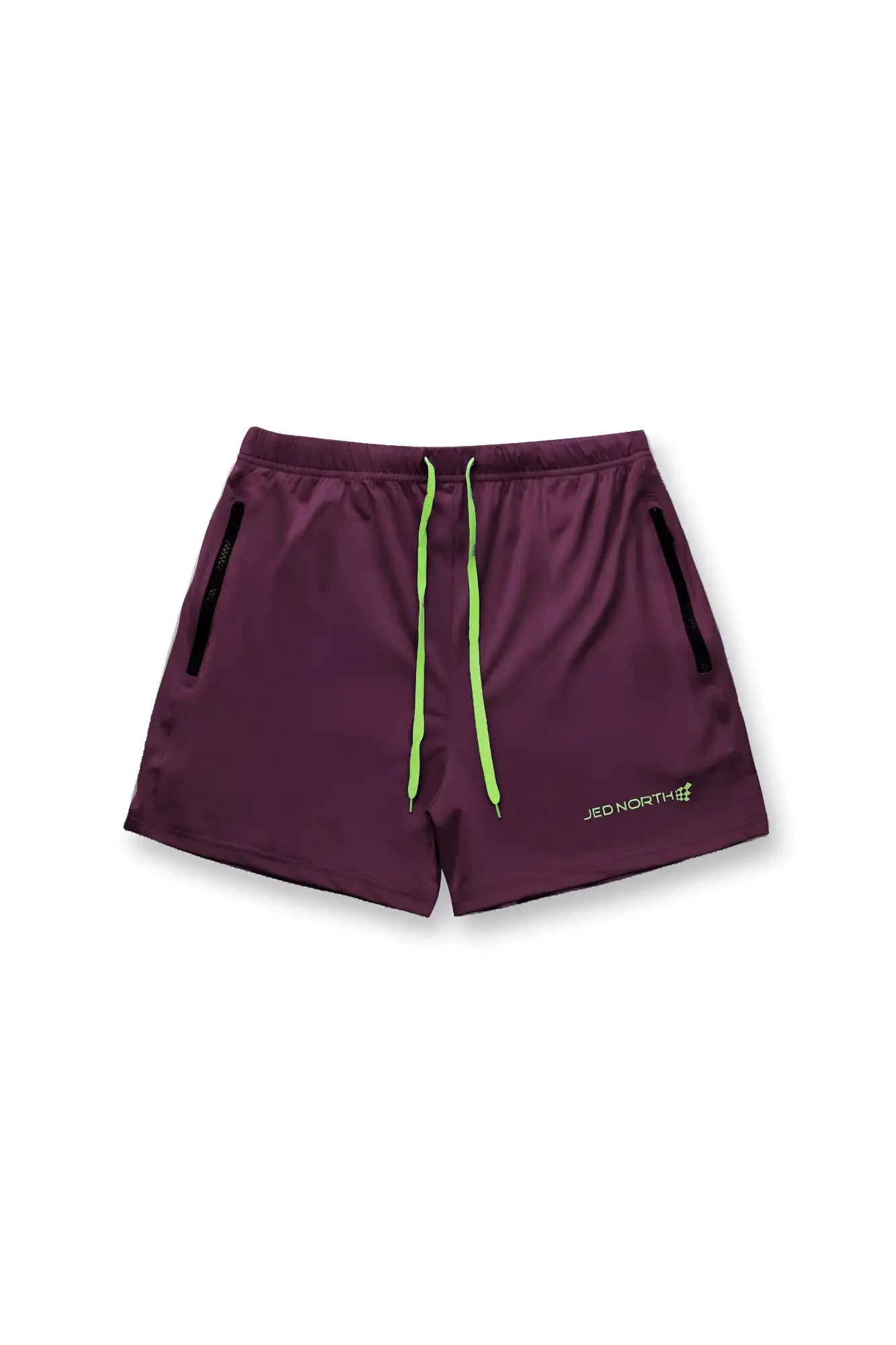 Dark purple jed north agile bodybuilding 4 inch shorts with neon green drawstrings and black zipper pockets