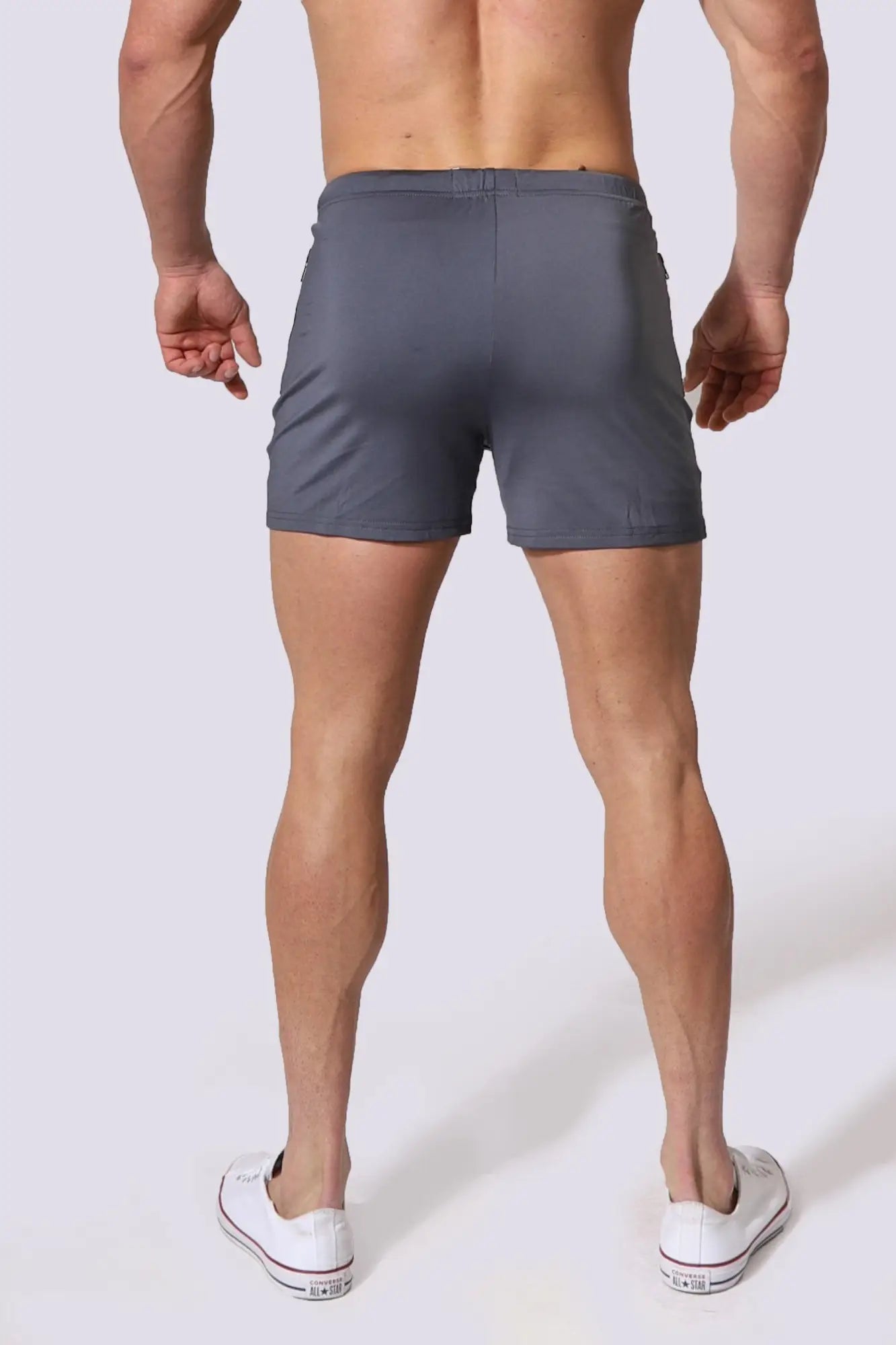 Gray jed north agile bodybuilding 4 inch shorts with fitted waistband clean minimalist design and zipper pockets