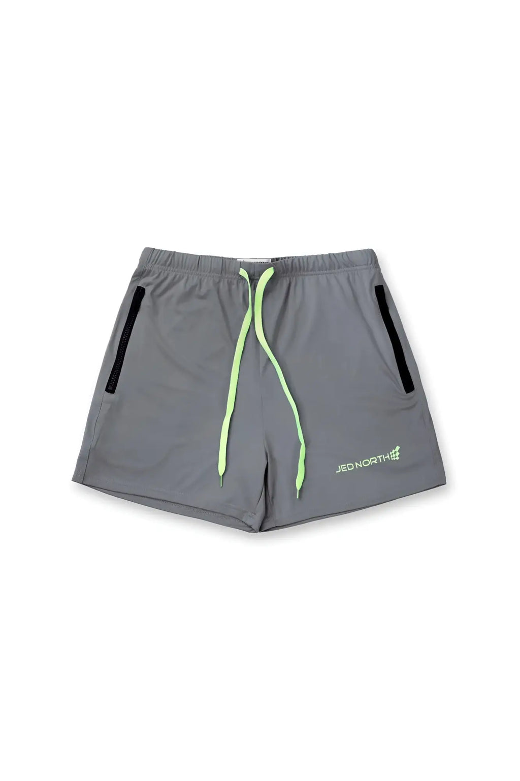 Gray jed north agile bodybuilding 4 inch shorts with neon green drawstrings and black zipper pockets for gym use