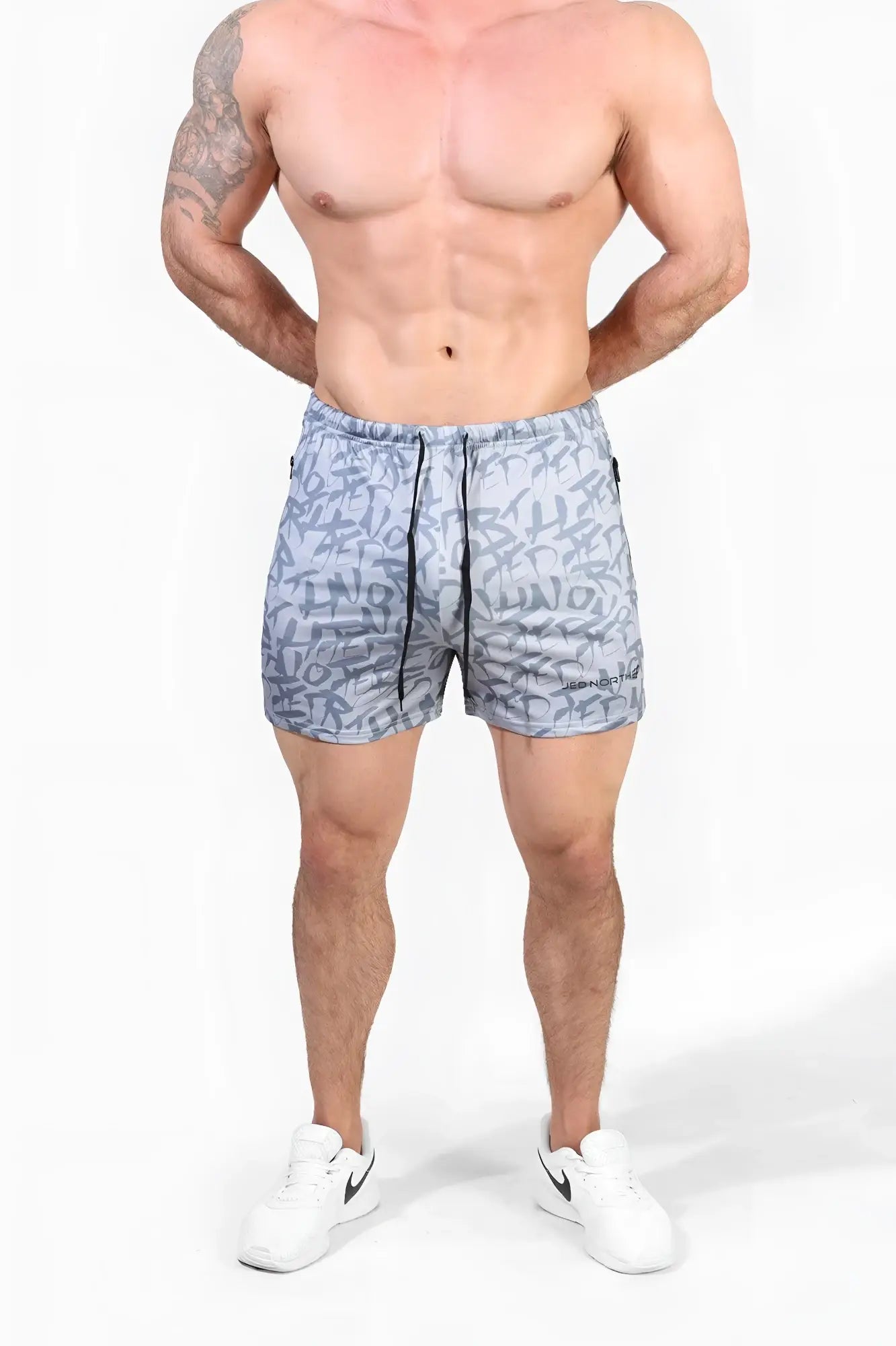Jed North Agile bodybuilding 4 inch light blue shorts with black graffiti print and matching drawstring with zipper pockets