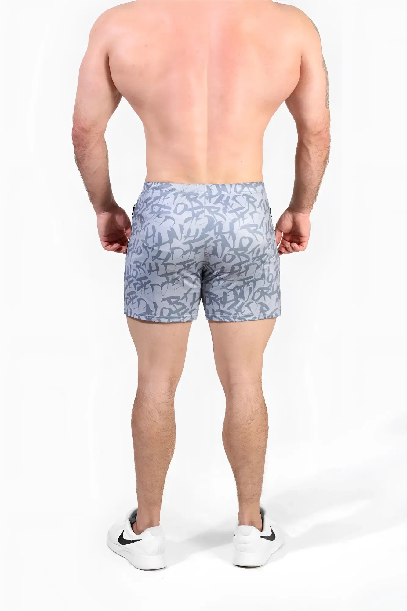 Jed North agile bodybuilding 4 inch gray graffiti printed athletic shorts with zipper pockets for workout use