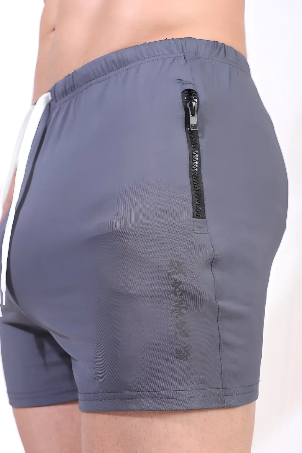 Gray agile bodybuilding 4 inch athletic shorts with black zipper pocket and white drawstring for activewear