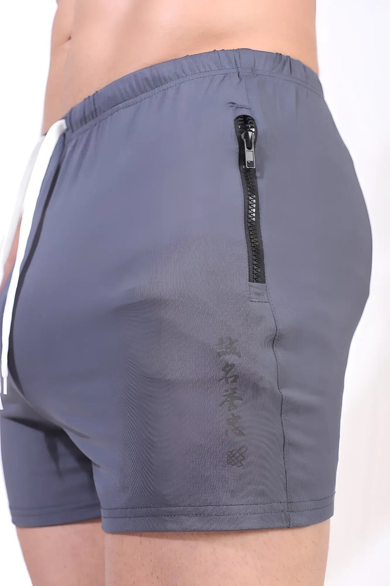 Gray agile bodybuilding 4 inch athletic shorts with black zipper pocket and white drawstring for activewear