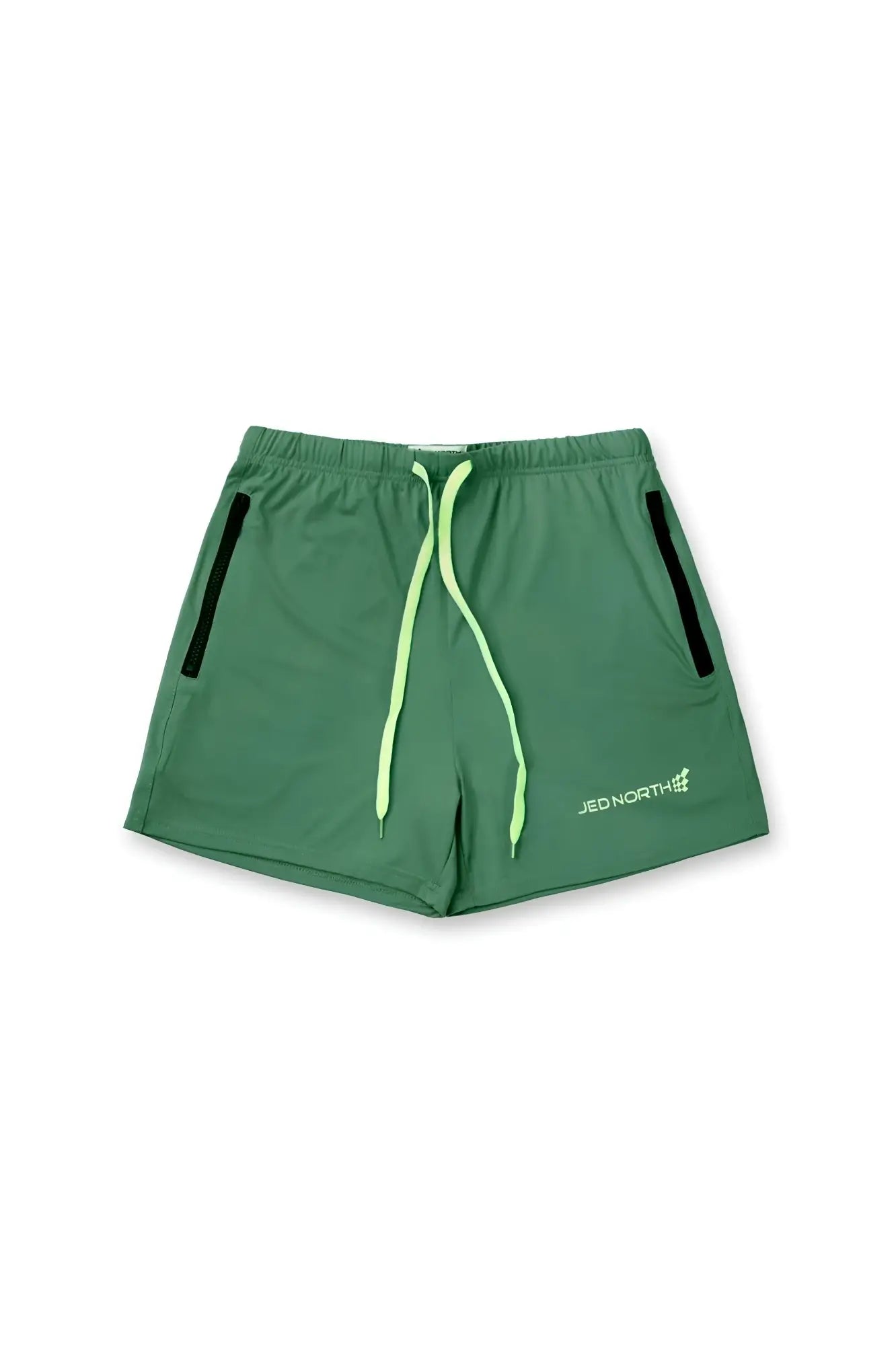 Jed North Agile bodybuilding 4 inch green athletic shorts with neon yellow drawstrings black side panels and logo