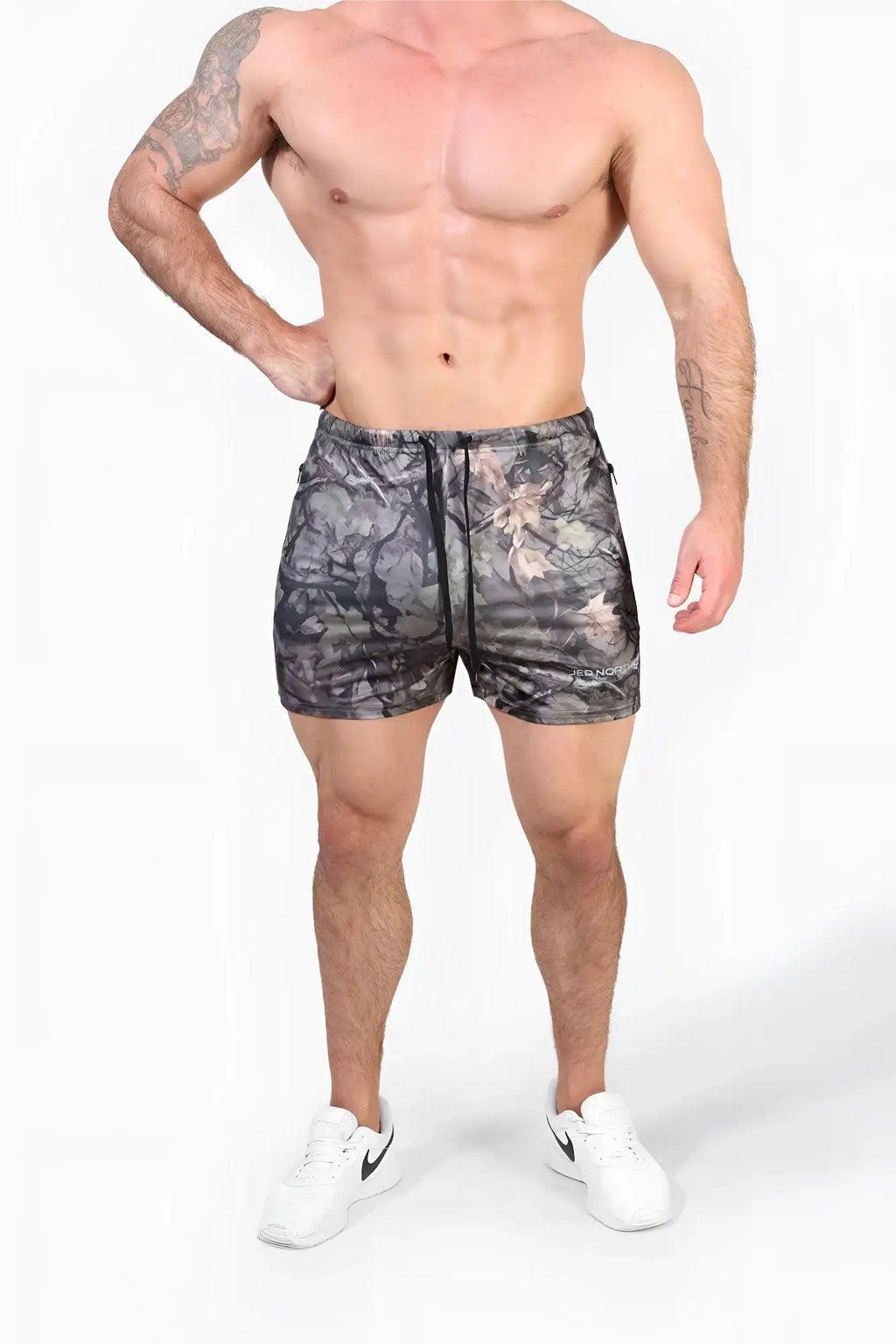 Jed north agile bodybuilding 4 inch black and gray hunter camo shorts with drawstring waistband and zipper pockets