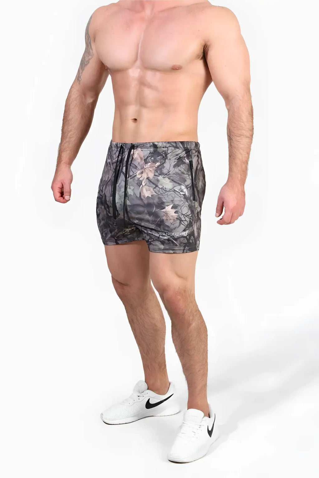 Jed north agile bodybuilding dark gray athletic shorts with subtle floral pattern and black drawstring waistband