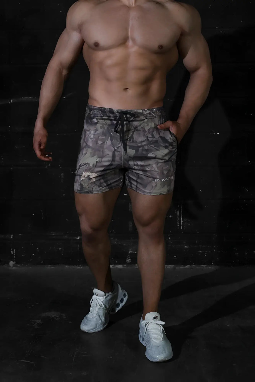 Jed North agile bodybuilding 4 inch gray hunter camo shorts with drawstring waistband and zipper pockets