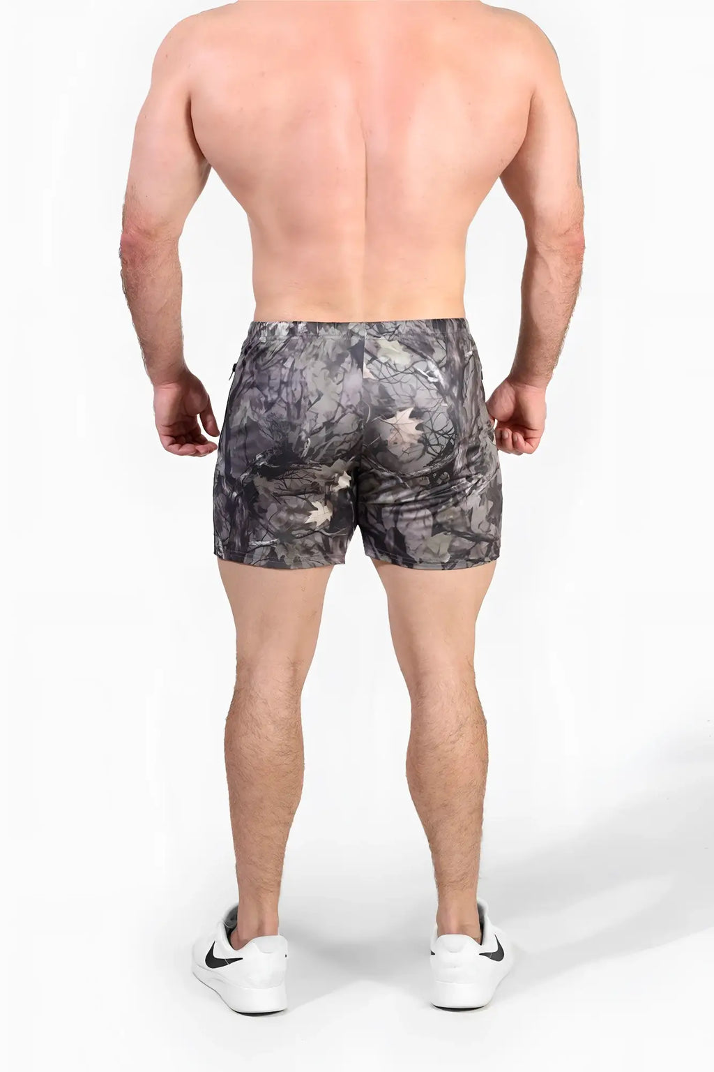 Gray and black hunter camo jed north agile bodybuilding 4 inch shorts with zipper pockets for athletic use