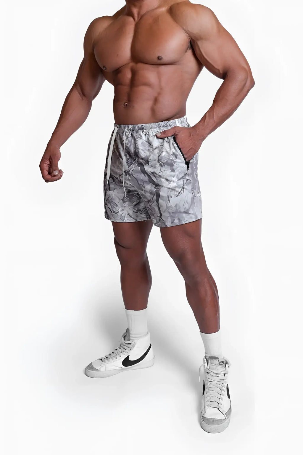 Agile bodybuilding 4 inch leaf camo shorts with gray and white abstract pattern and zipper pockets for athletic use