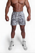 Agile bodybuilding 4 inch gray and white leaf camo athletic shorts with elastic waistband and zipper pockets