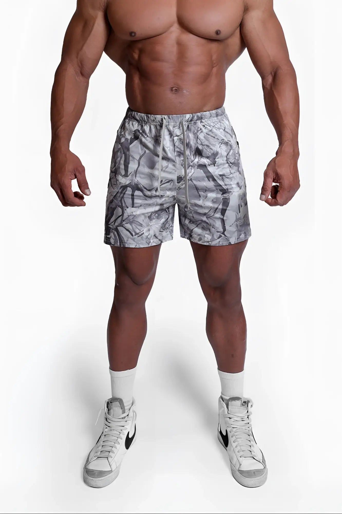 Agile bodybuilding 4 inch gray and white leaf camo athletic shorts with elastic waistband and zipper pockets