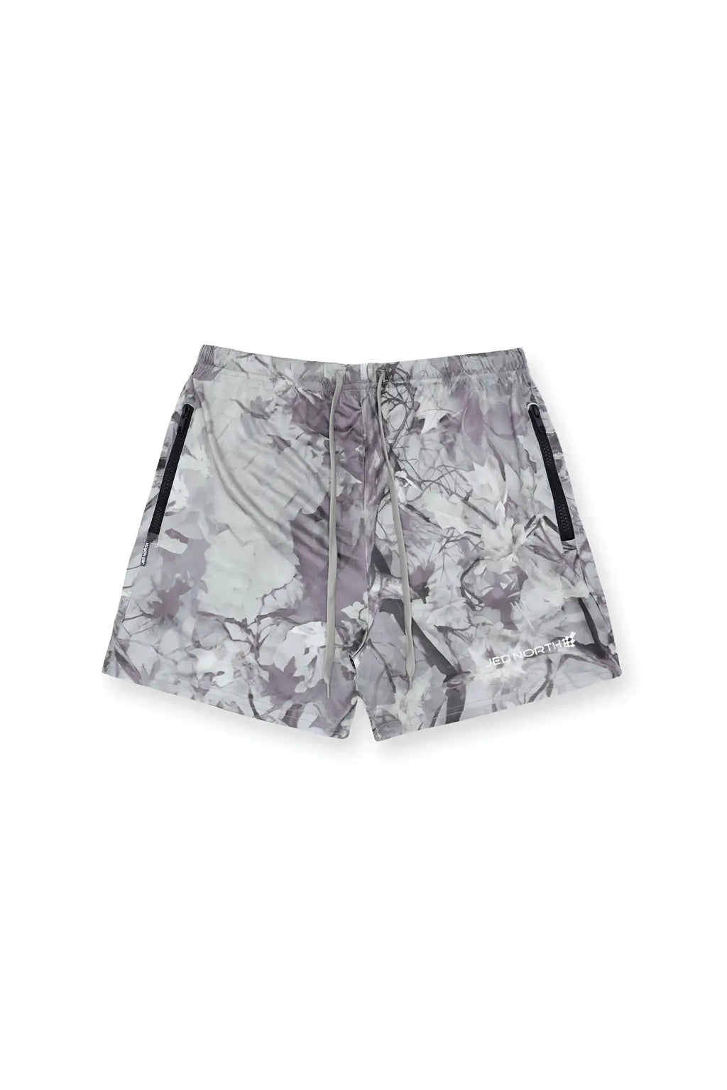 Gray and white leaf camo agile bodybuilding 4 inch swim trunks with black zipper side pockets for active use