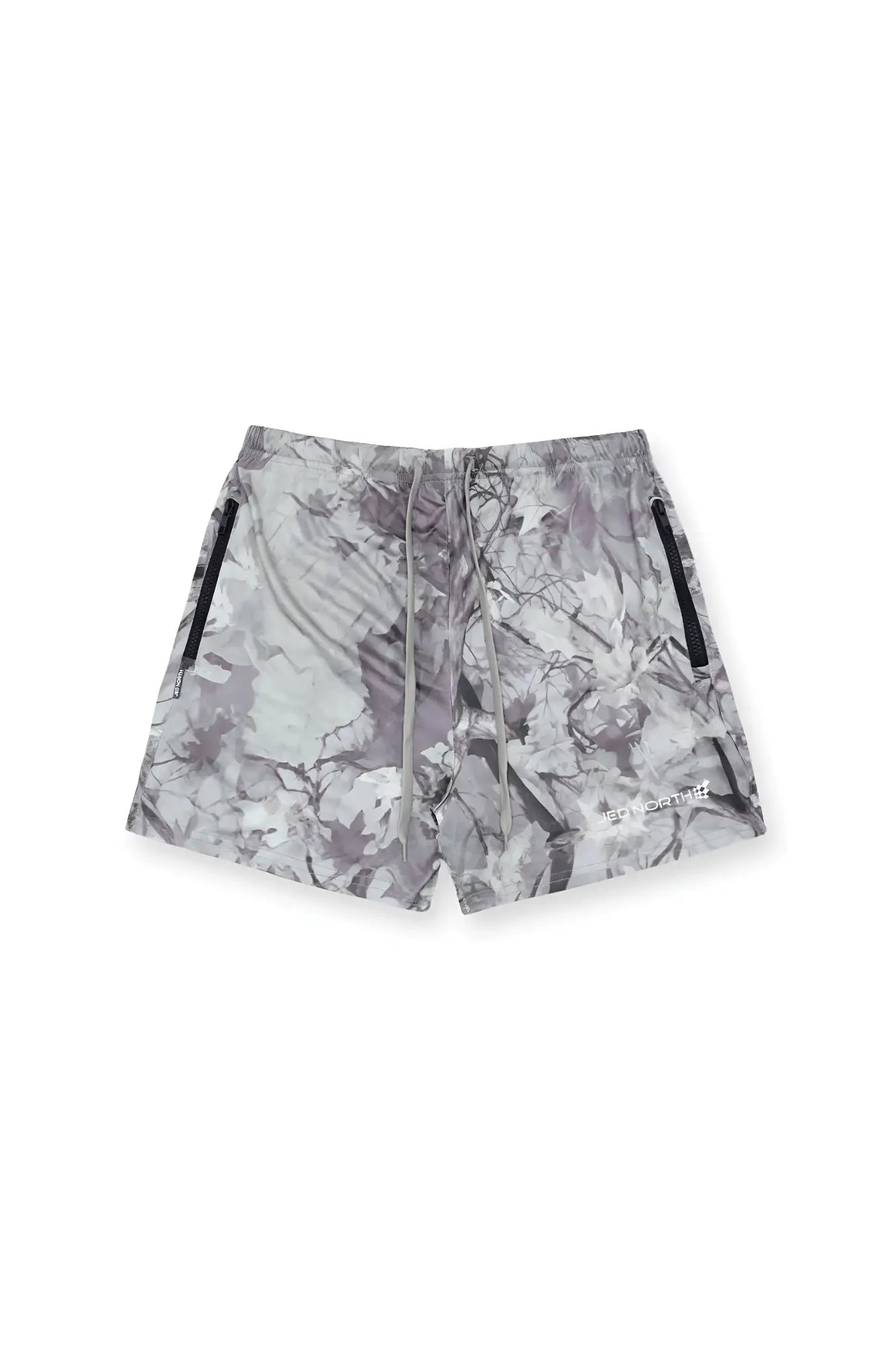 Gray and white leaf camo agile bodybuilding 4 inch swim trunks with black zipper side pockets for active use