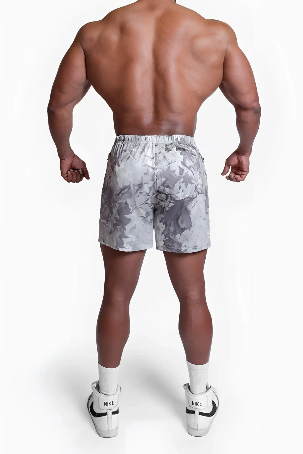 Gray and white leaf camo agile bodybuilding 4 inch shorts with elastic waistband and zipper pockets for athletic use