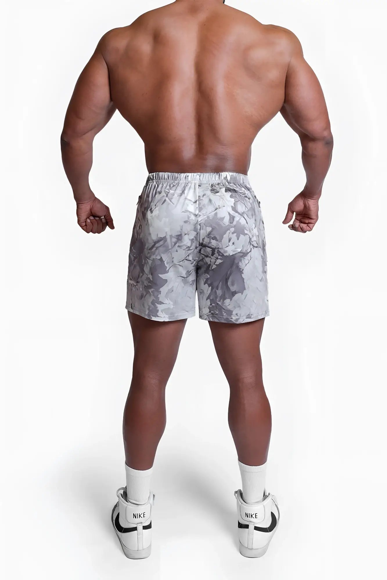 Gray and white leaf camo agile bodybuilding 4 inch shorts with elastic waistband and zipper pockets for athletic use