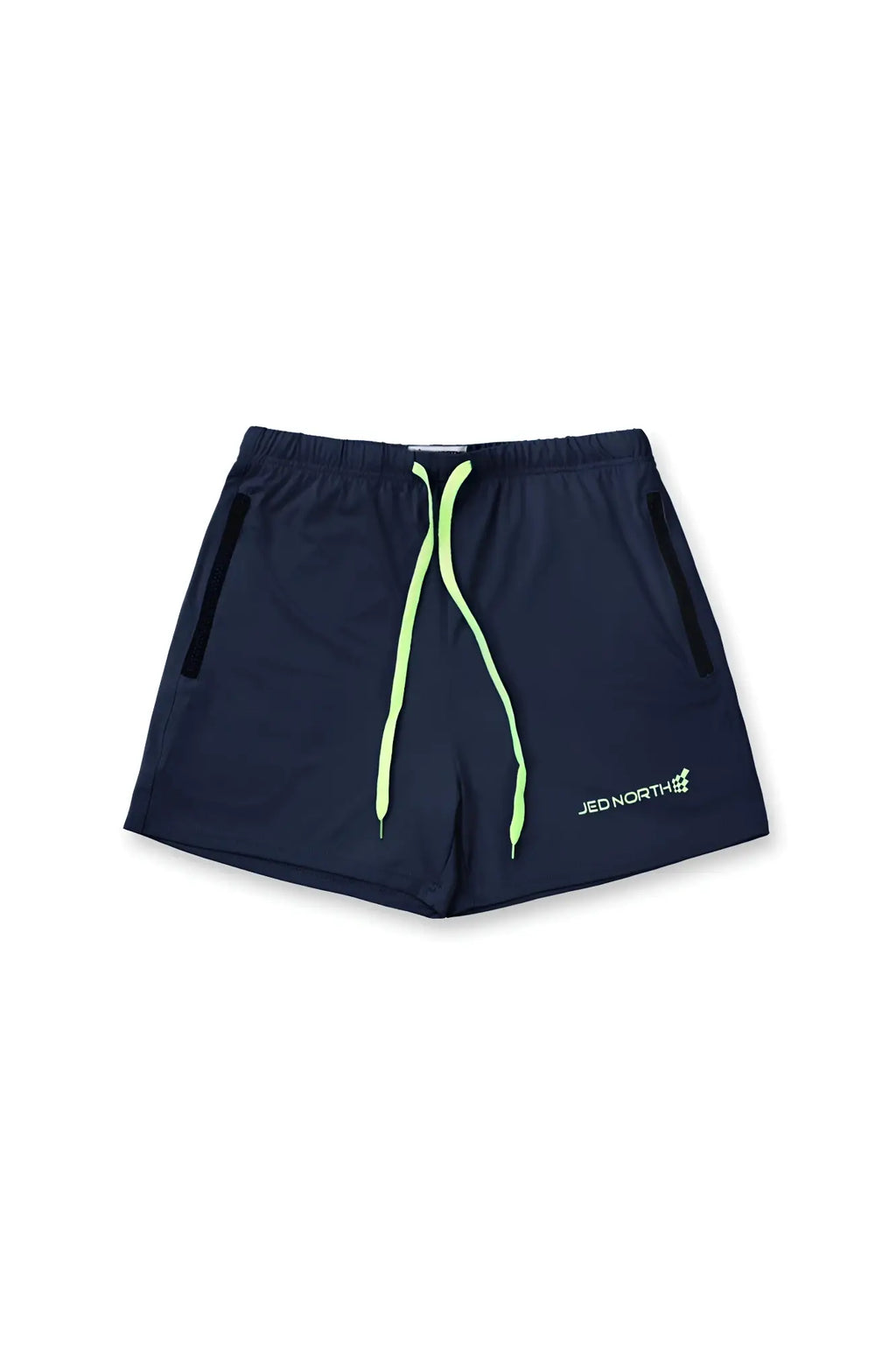 Navy blue jed north agile bodybuilding 4 inch shorts with neon green drawstrings and zipper side pockets for workouts