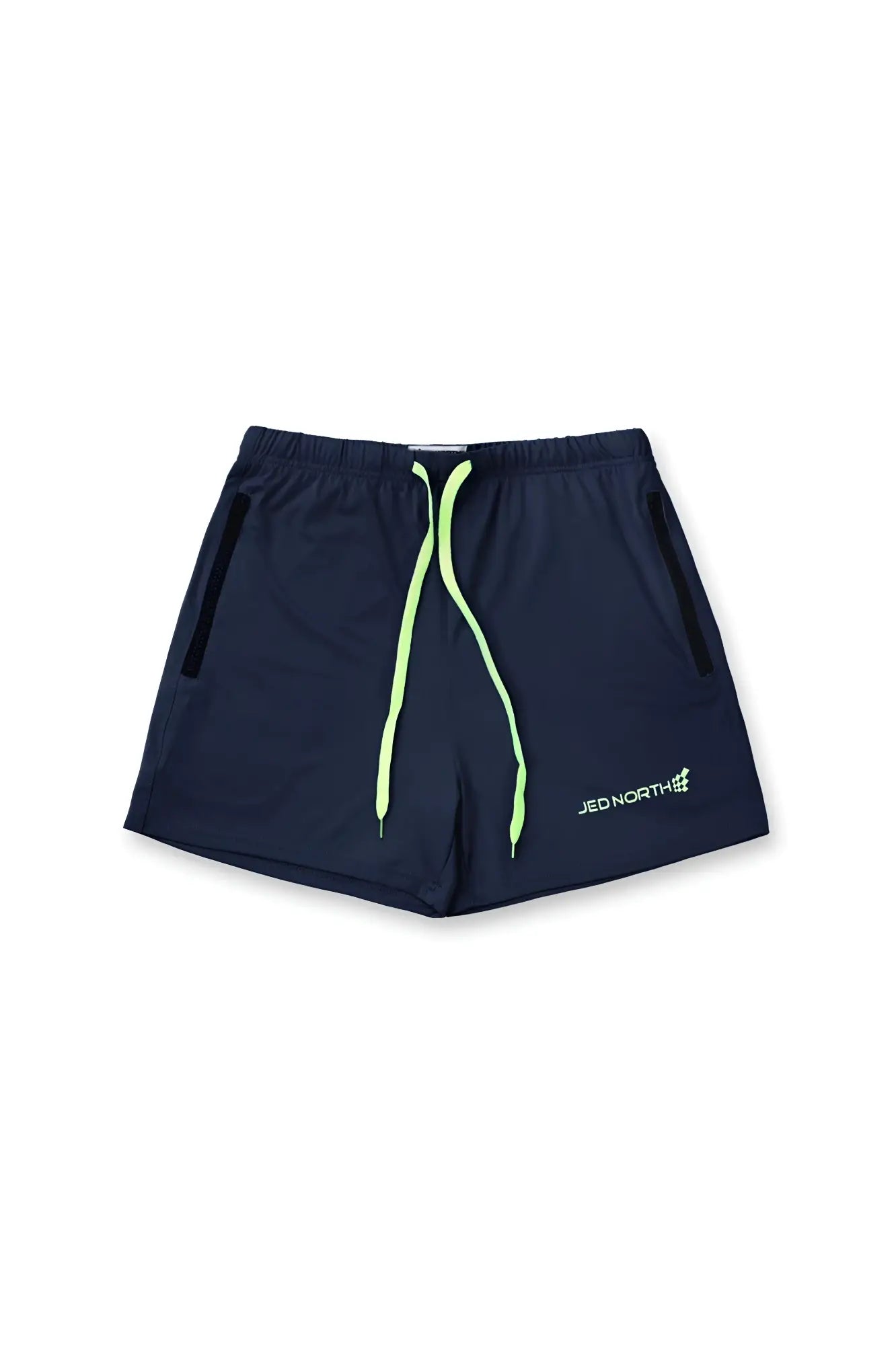 Navy blue jed north agile bodybuilding 4 inch shorts with neon green drawstrings and zipper side pockets for workouts
