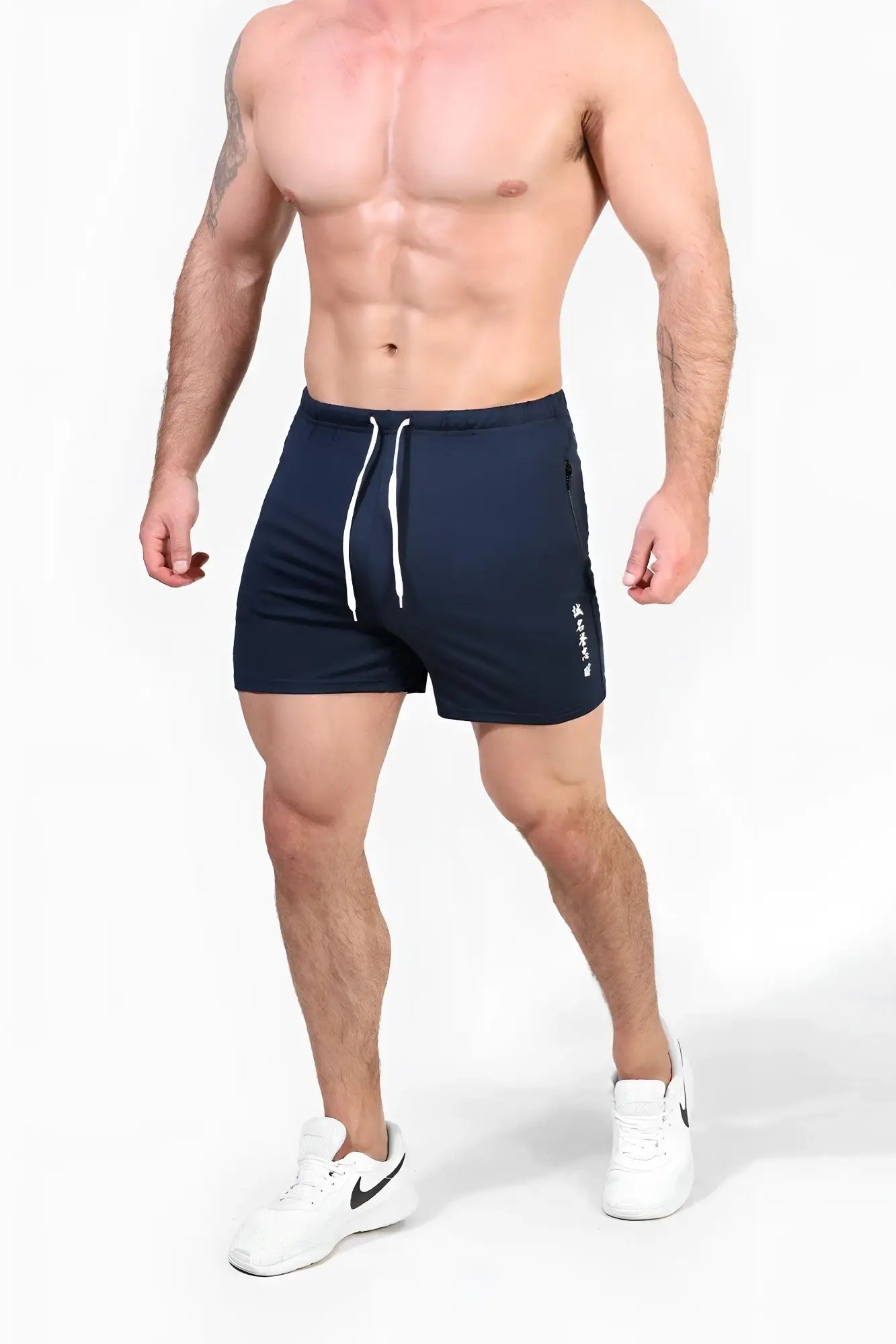 Navy blue jed north agile bodybuilding 4 inch shorts with white drawstrings and subtle vertical text on side seam