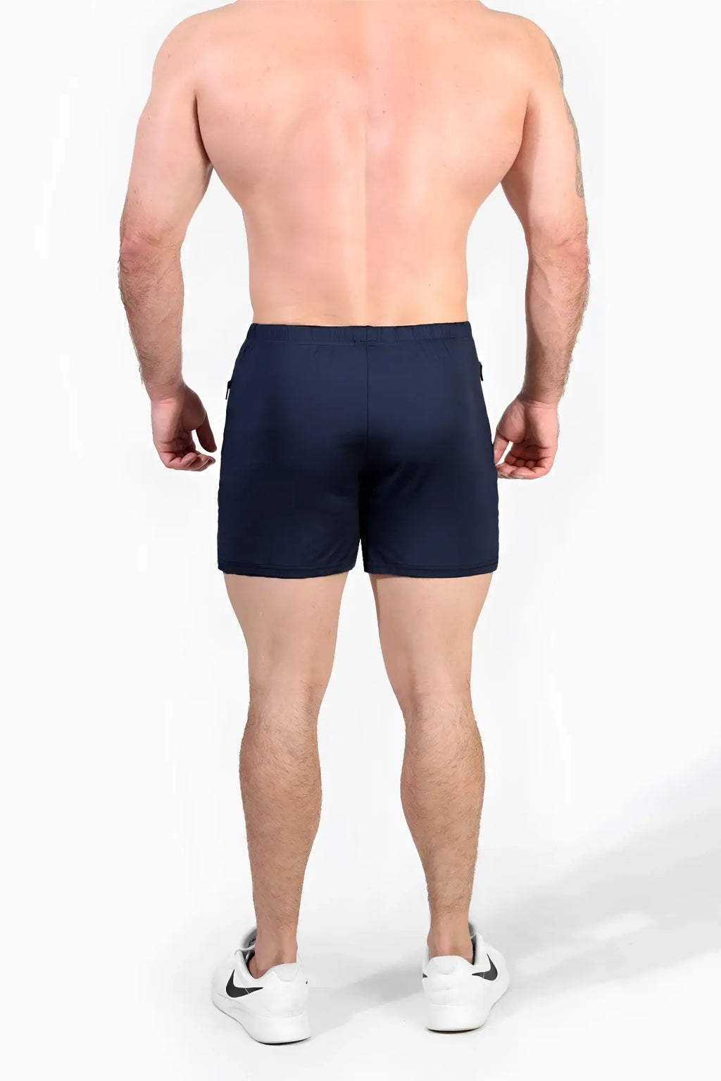 Navy blue jed north agile bodybuilding 4 inch shorts with sleek form-fitting design and zipper side pockets