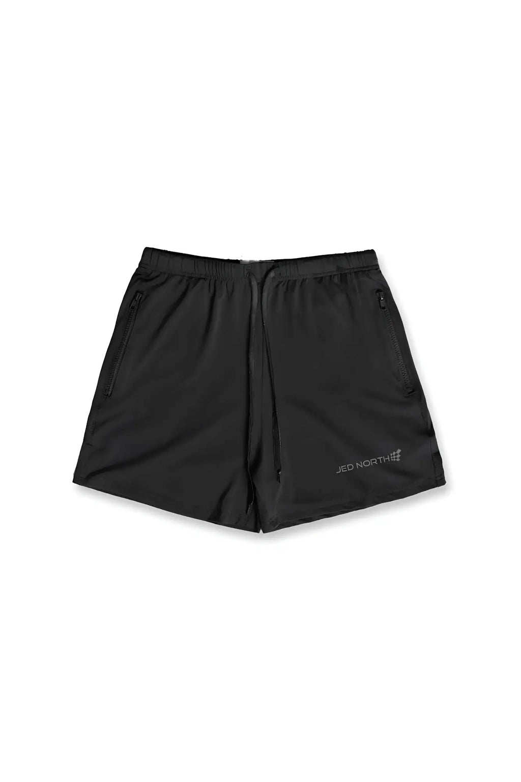 Black jed north agile bodybuilding 4 inch shorts with side zipper pockets and subtle logo on lower right leg