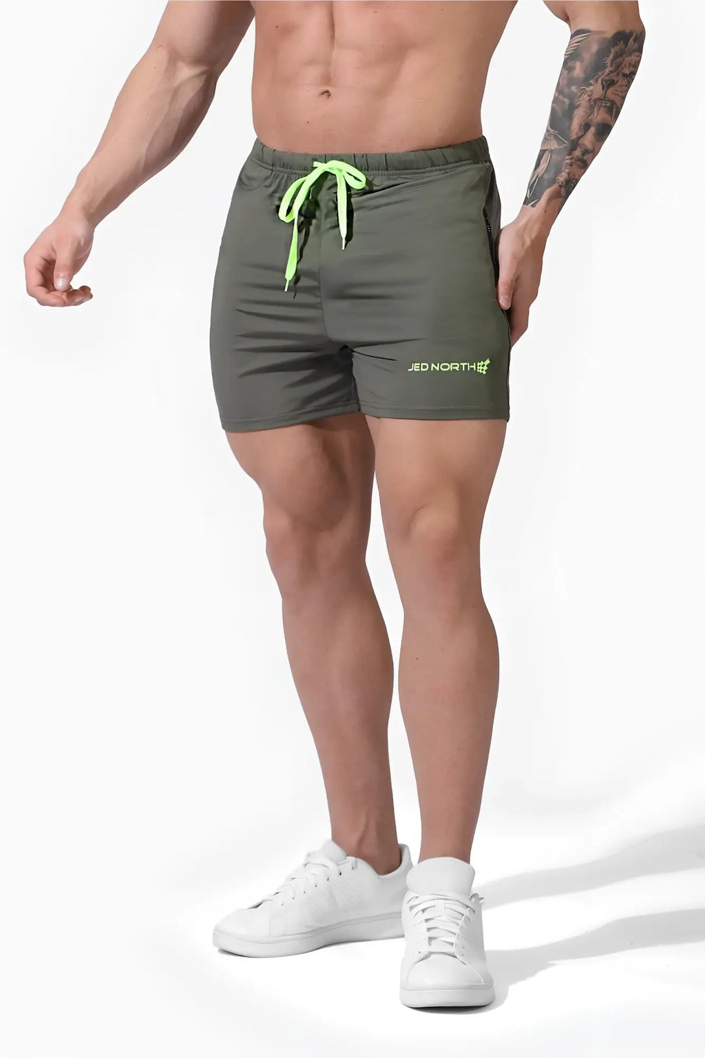 Olive jed north agile bodybuilding 4 inch shorts with zipper pockets and neon lime drawstring for training