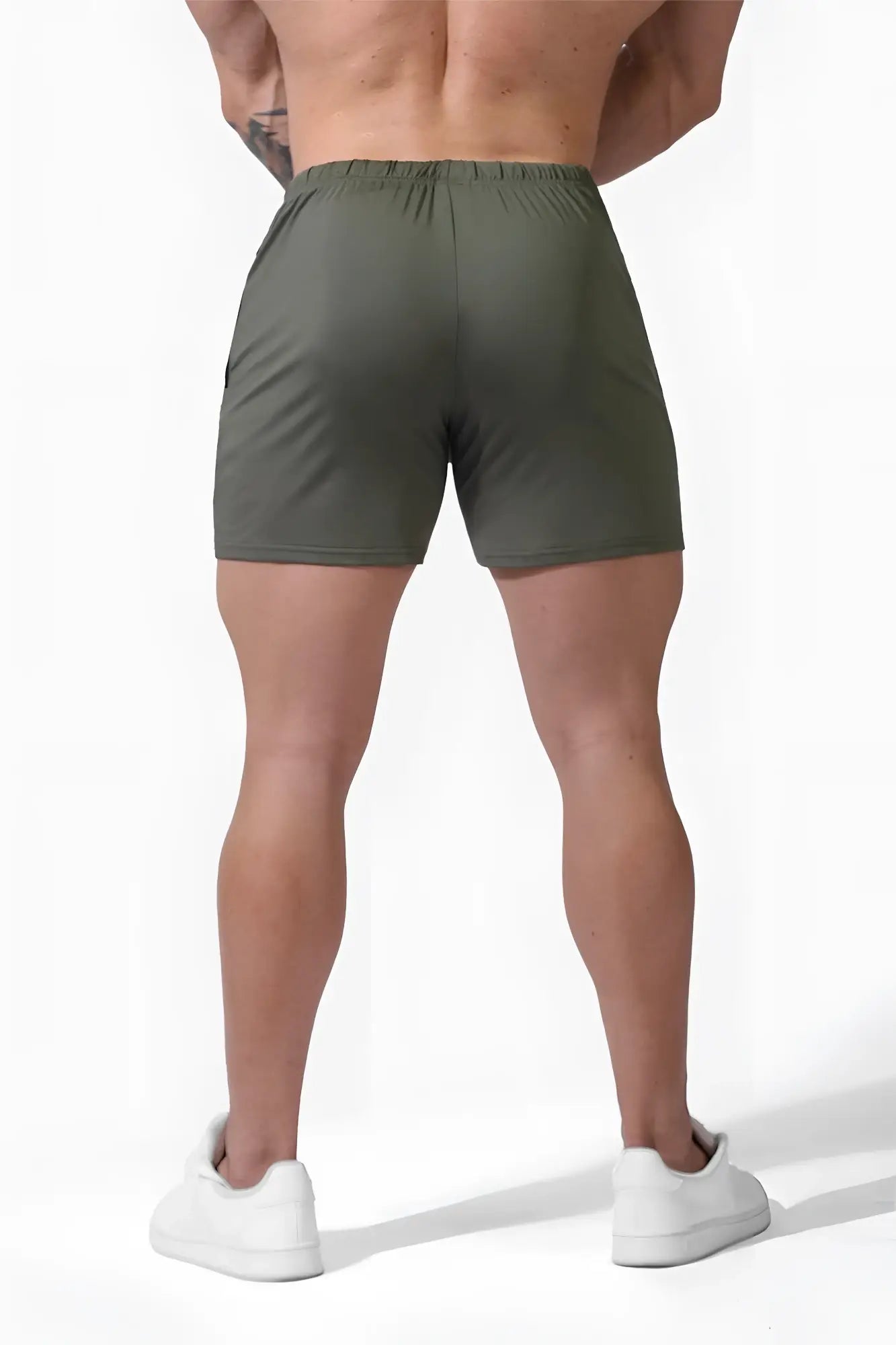 Olive green jed north agile bodybuilding 4 inch shorts with elastic waistband sleek form fitting design and zipper pockets