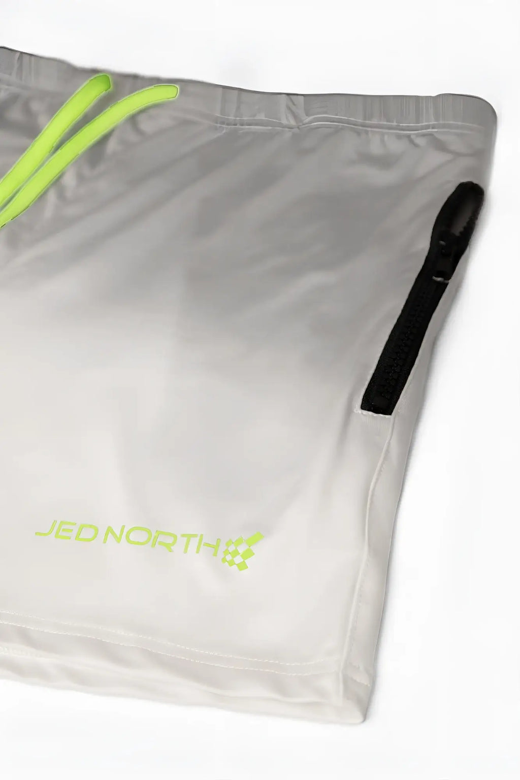 Gray agile bodybuilding 4 inch shorts with neon green drawstring bag zipper pulls and matching logo in ombré gray