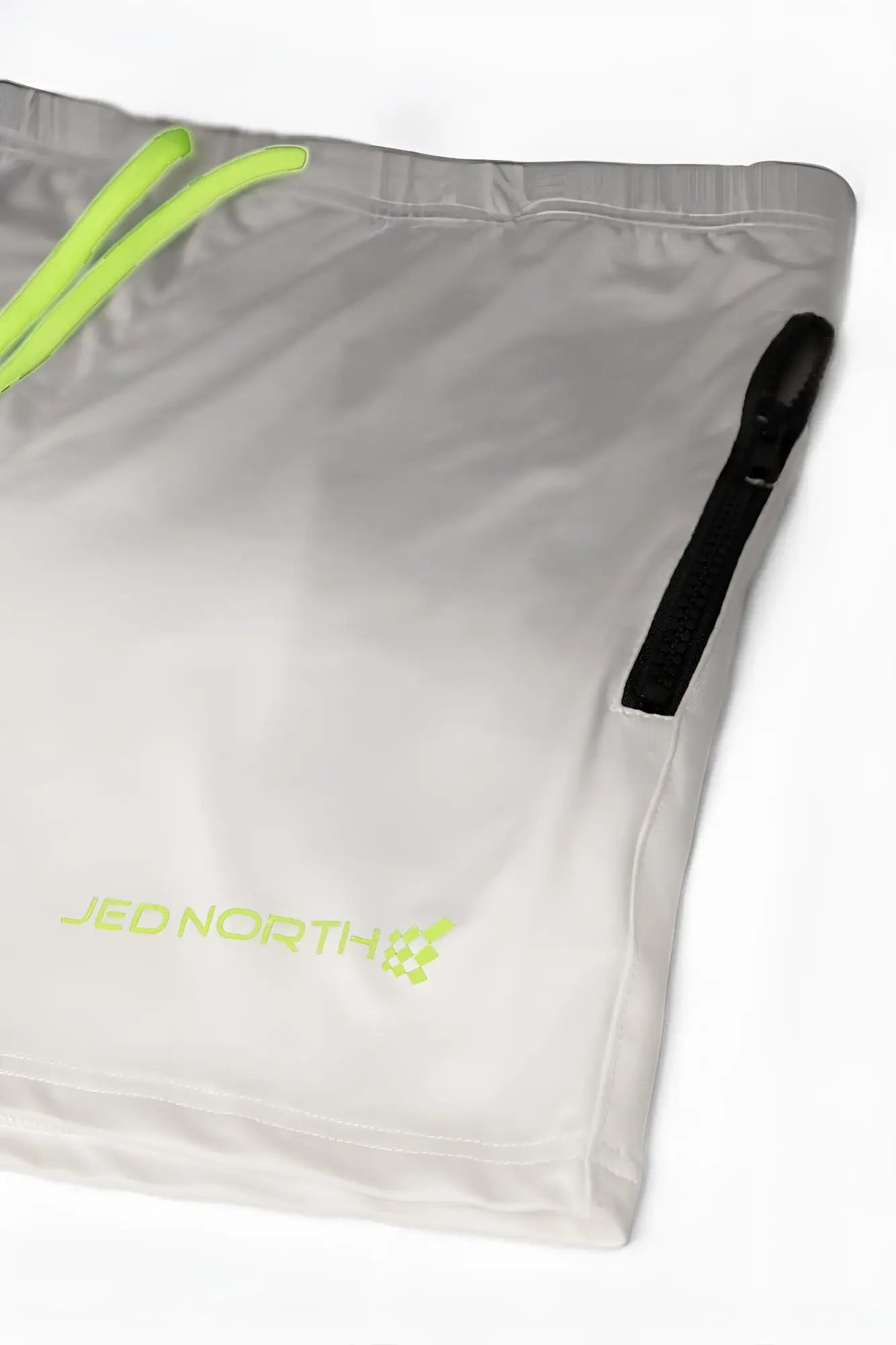 Gray agile bodybuilding 4 inch shorts with neon green drawstring bag zipper pulls and matching logo in ombré gray