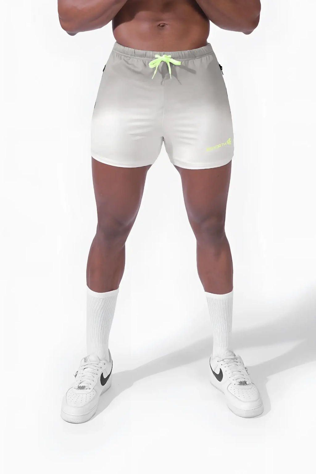 Light gray agile bodybuilding 4 inch shorts with neon green drawstring zipper pockets ombré gray subtle branding