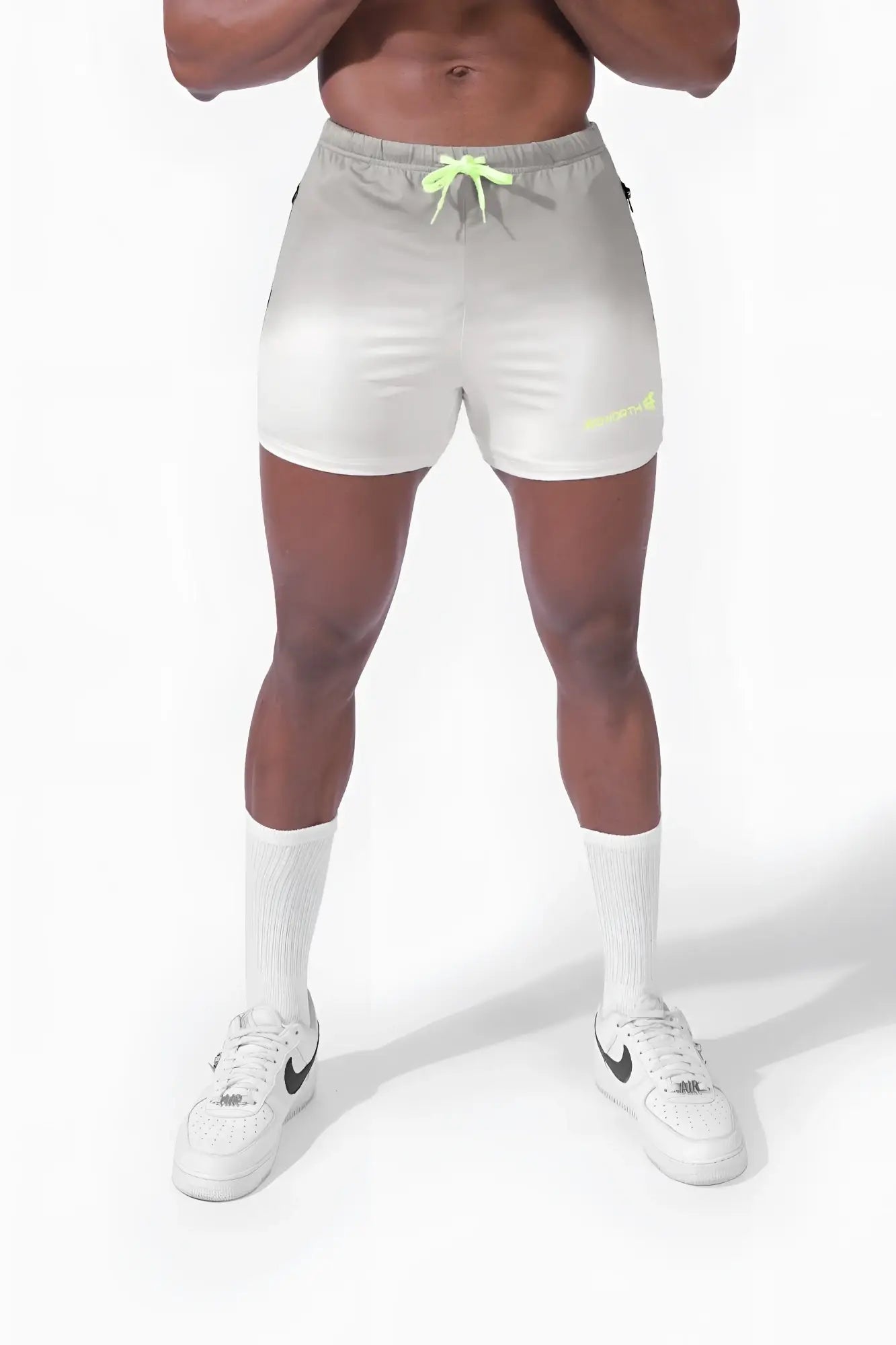 Light gray agile bodybuilding 4 inch shorts with neon green drawstring zipper pockets ombré gray subtle branding