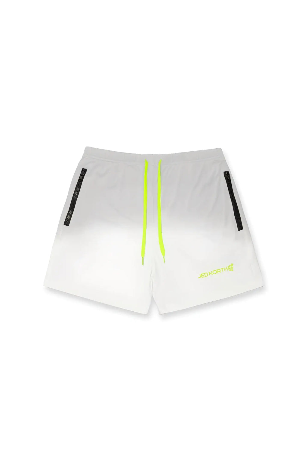 Agile bodybuilding 4 inch ombré gray swim shorts with white gradient, neon yellow drawstrings, and black zipper pockets