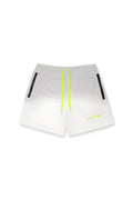 Agile bodybuilding 4 inch ombré gray swim shorts with white gradient, neon yellow drawstrings, and black zipper pockets